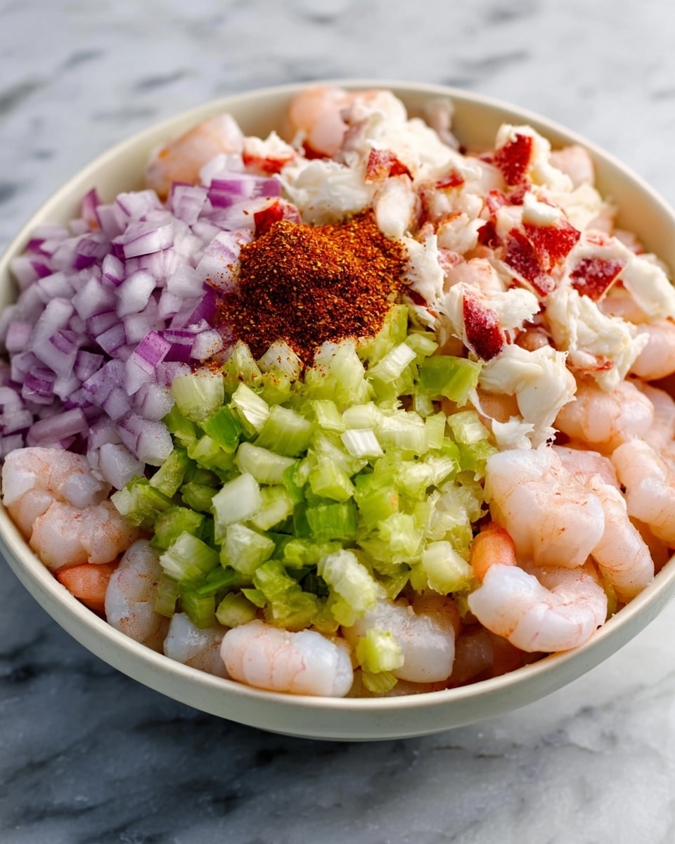 A white bowl filled with layers of ingredients starting with a base of cooked shrimp, pale pink and smooth in texture, covering the bottom. On top of the shrimp, finely chopped purple onions are neatly piled on one side, next to them a mound of finely diced light green celery. There are also pieces of red and white crab meat scattered on top. A small pile of reddish-brown spice sits among the vegetables. The bowl is placed on a white marbled surface. photo taken with an iphone --ar 4:5 --v 7