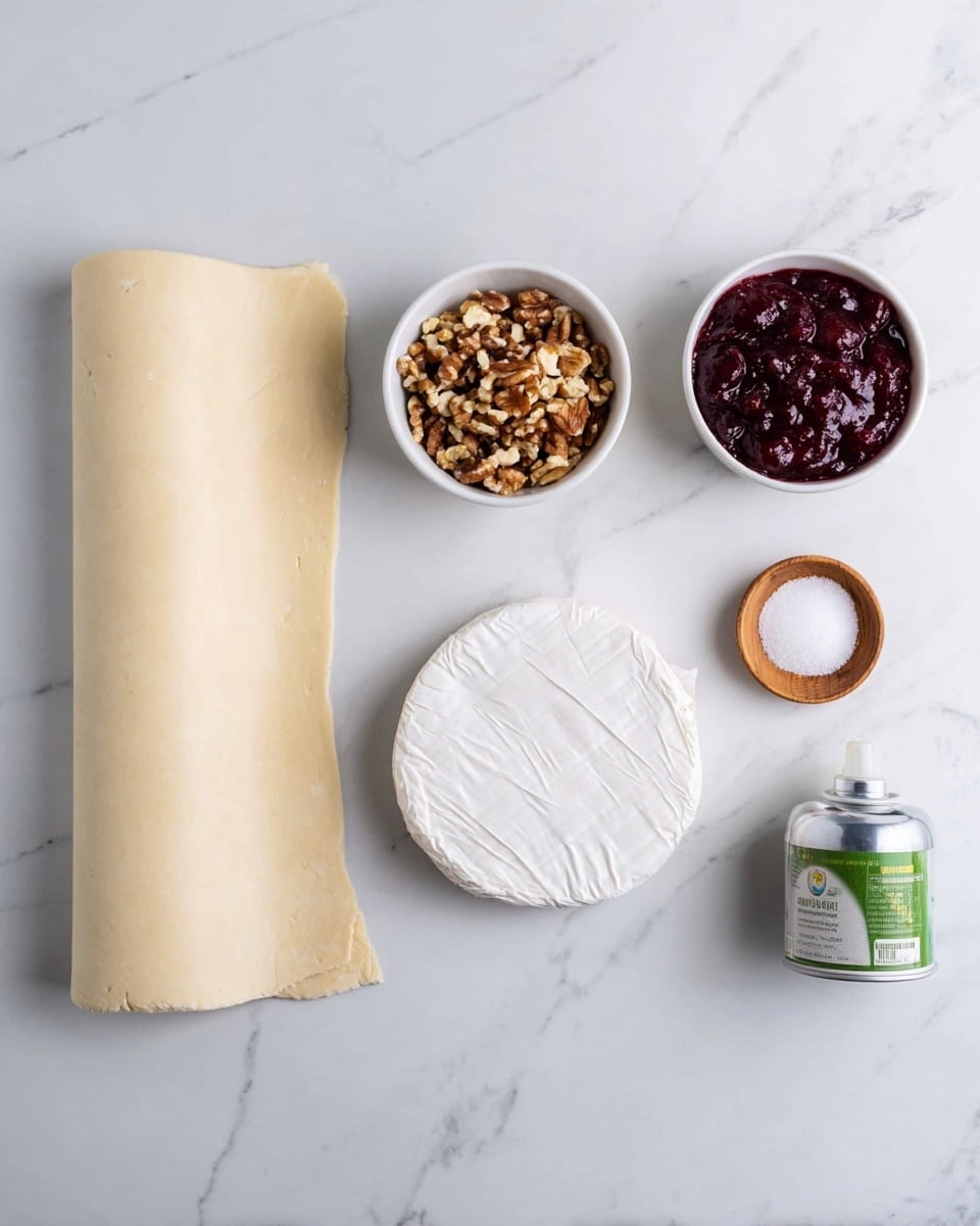 The image shows six items placed neatly on a white marbled surface. On the left is a light beige sheet of rolled pastry dough, flat and slightly glossy. To the right, there is a round white wrapped cheese with crinkled edges. Above the cheese is a small white bowl filled with chunky, dark red fruit jam. Next to it is another small white bowl holding chopped brown nuts. Below the nuts is a tiny wooden bowl containing coarse white salt. On the far right is a metallic green and white can of cooking spray. All items are arranged in a clean, simple layout with soft natural lighting. Photo taken with an iphone --ar 4:5 --v 7