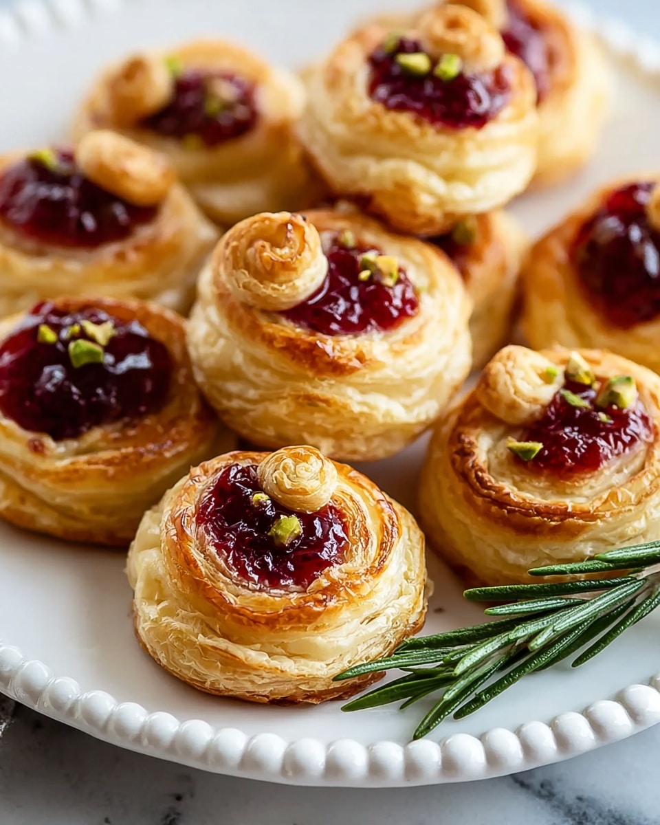 The image shows several round pastries arranged on a white plate with a sprig of fresh green rosemary in the corner. Each pastry has multiple thin golden-brown layers of flaky dough forming a circular base. On the top center of the pastries is a dollop of bright red chunky berry jam, some of which are sprinkled with small pieces of chopped green pistachios. The plate is set on a white marbled surface with a pale beige cloth slightly visible under one edge of the plate. photo taken with an iphone --ar 4:5 --v 7