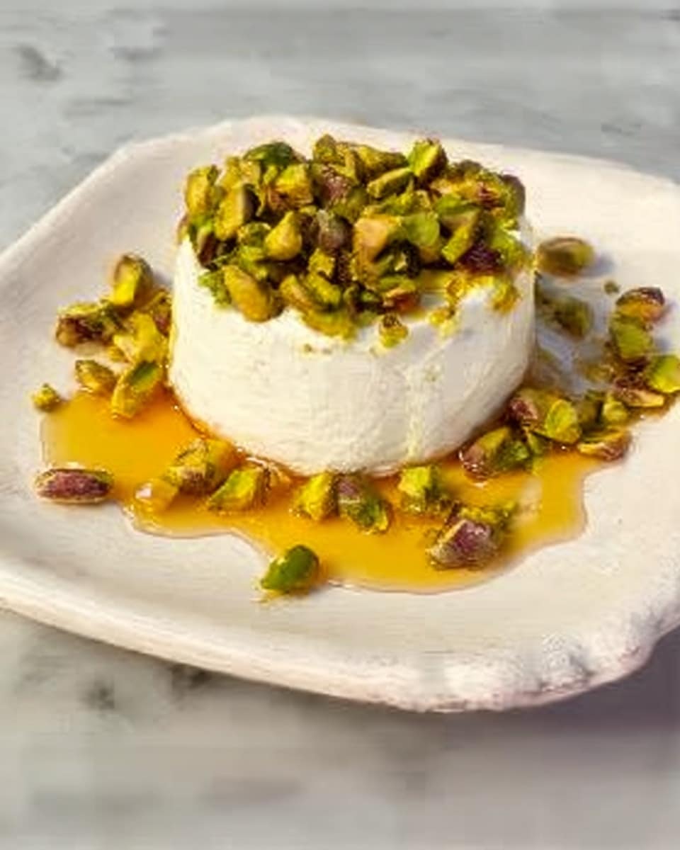 A small round white soft cheese sits in the center of a white plate with a slightly scalloped edge. The cheese is topped with a thick layer of green and yellow pistachio nuts, some whole and some broken. Below the cheese, a drizzle of rich golden honey spreads out unevenly on the white plate. A few pistachio nuts are scattered loosely around the cheese on the plate. The scene is set on a white marbled surface. Photo taken with an iphone --ar 4:5 --v 7