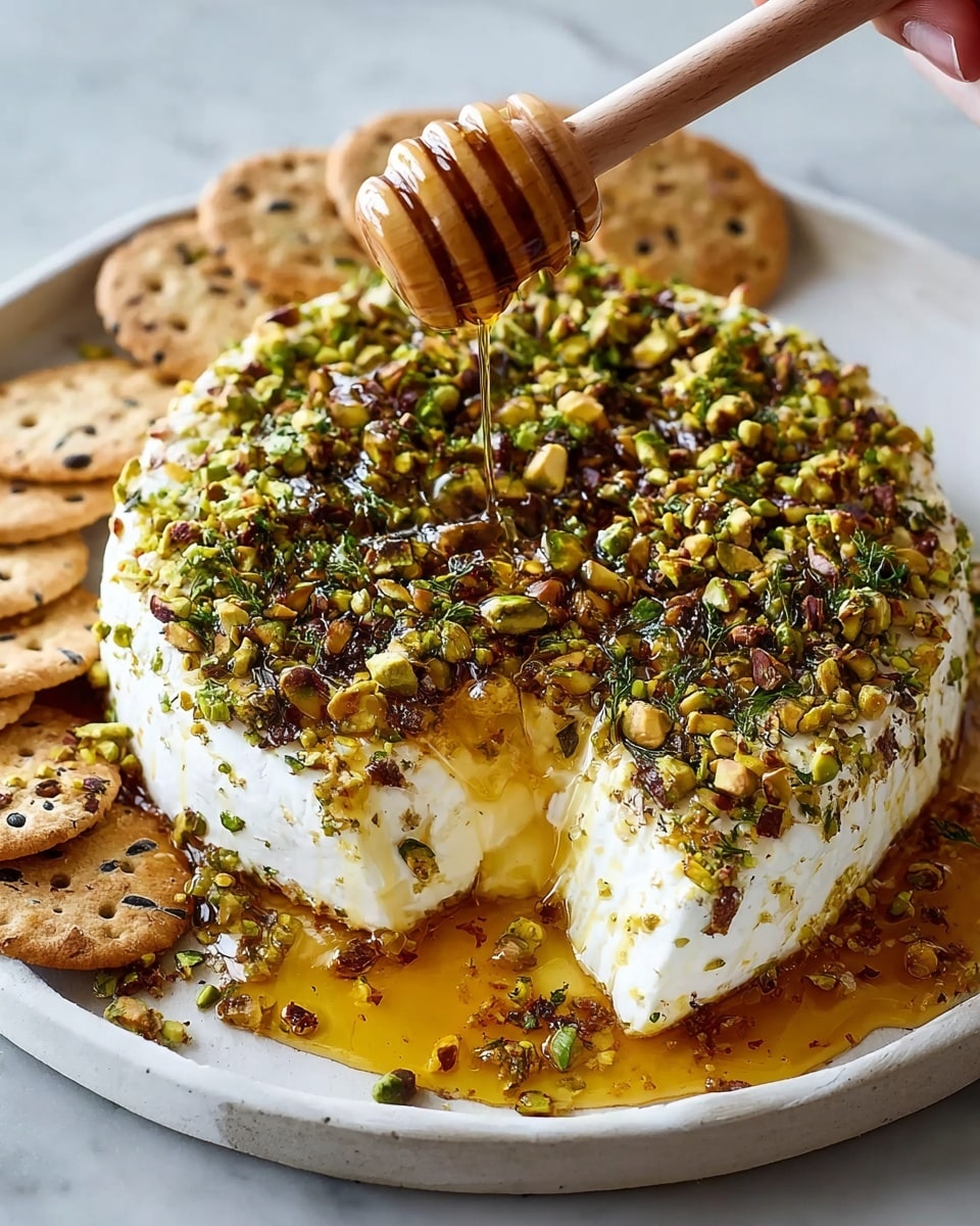 A white textured oval plate holds a thick rectangular block of creamy white cheese that has a rich, soft texture. The cheese is topped with a generous layer of crushed green and brown pistachios mixed with small dark herbs scattered all over. A sticky dark brown syrup, likely honey, is generously poured on top, glistening as it drips down the sides and pools around the base of the cheese. A wooden honey dipper is resting on the cheese as a woman's hand pours the syrup, adding a glossy shine to the entire dish. The plate sits on a white marbled surface. photo taken with an iphone --ar 4:5 --v 7