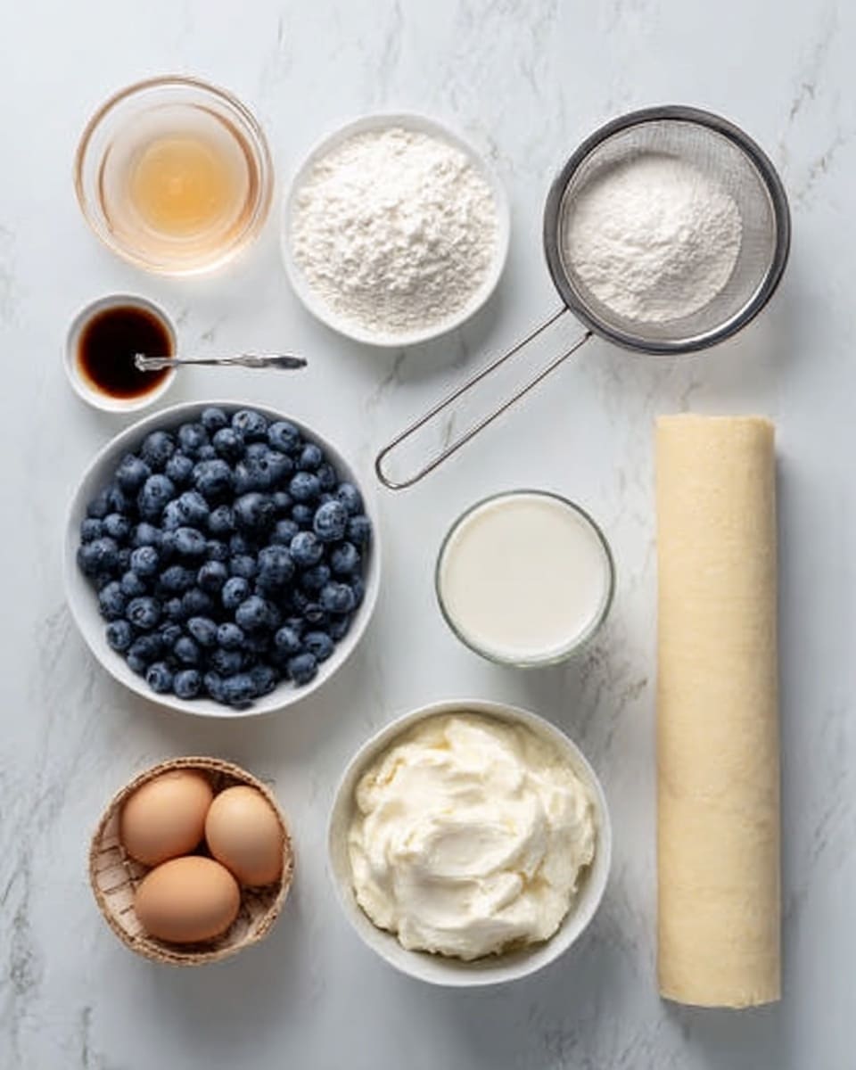 The image shows ingredients arranged neatly on a white marbled surface, all ready to make a dessert. On the top left, there is a small glass bowl with a light brown liquid, next to it two small bowls of white powders, one resembling flour and the other sugar. Near these, a small spoon with dark brown liquid is placed. A silver sifter filled with white powder is on the top right. On the bottom left, a small basket holds three brown eggs. Next to it, a white bowl is filled with fresh, round blueberries. A clear glass cup of milk is placed beside the blueberries. A larger white bowl holds creamy white cheese or cream, and to the far right, a rolled piece of dough or pastry sheet rests in a cylindrical shape. Photo taken with an iphone --ar 4:5 --v 7