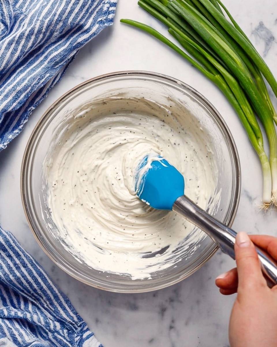 The image shows a clear glass mixing bowl with a thick, creamy white mixture inside, which has small black specks scattered throughout it. A blue silicone spatula with a shiny metal handle is stirring the creamy mixture. To the right side, there are fresh green onions lying flat on a white marbled surface. In the bottom right corner, a woman's hand is holding the spatula. On the top left, there is part of a blue and white striped cloth visible. Photo taken with an iphone --ar 4:5 --v 7