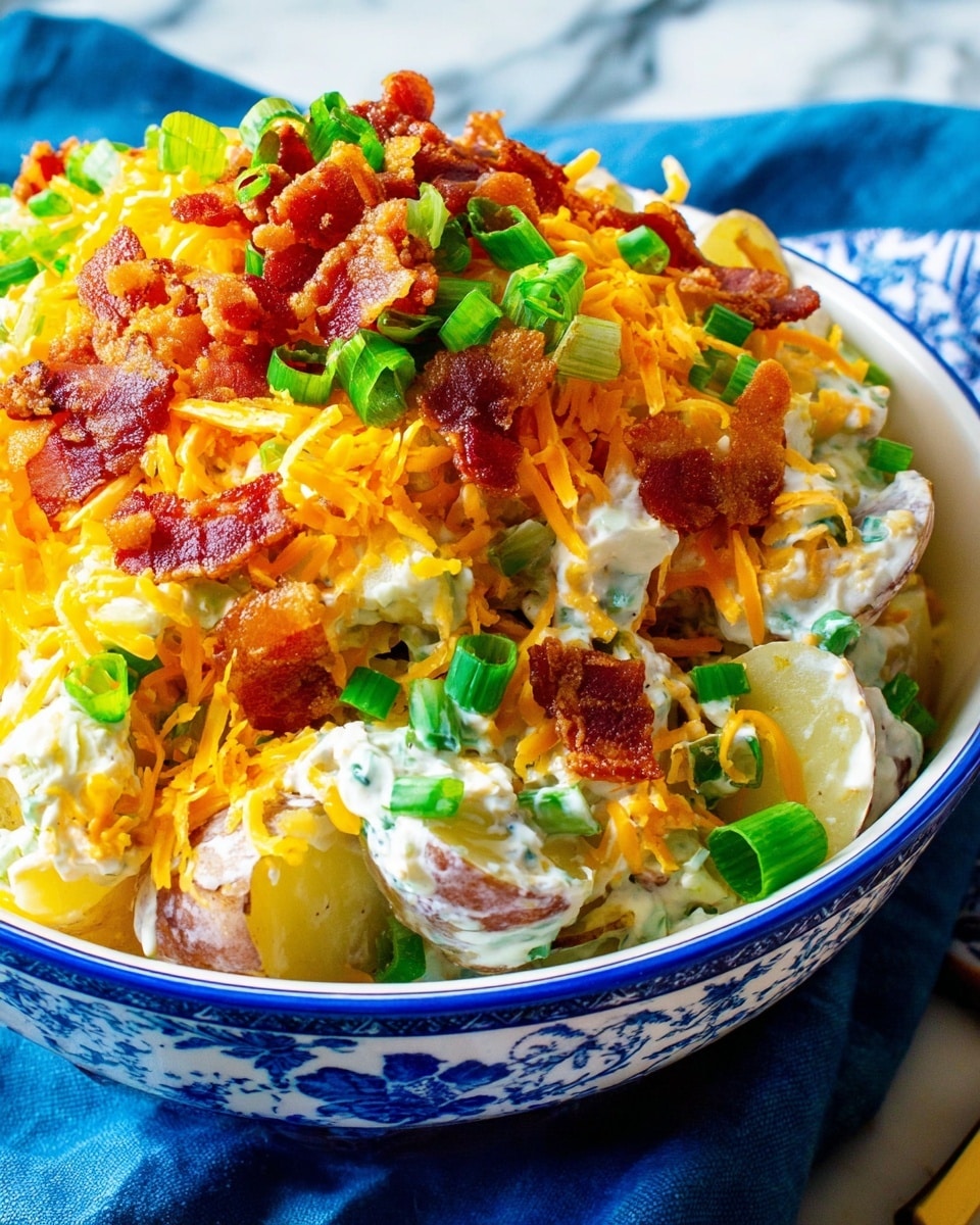 A large white bowl with blue patterns holds a layered potato salad. The bottom layer is chunks of light yellow potato covered with white creamy dressing. On top, there is a thick layer of shredded orange-yellow cheddar cheese scattered across. Crispy brown bacon pieces are spread over the cheese, adding rich color and texture. Bright green chopped spring onions are sprinkled on top, giving a fresh look. The bowl sits on a blue cloth, and the background is a white marbled texture. photo taken with an iphone --ar 4:5 --v 7