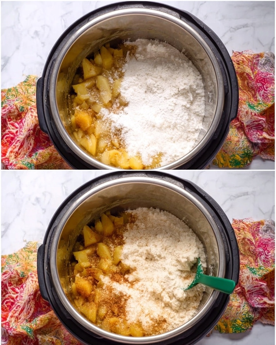 The image shows two side-by-side photos of an instant pot filled with food resting on a white marbled surface with a colorful cloth underneath. Both photos reveal a mixture of layers inside the pot: at the bottom, chunks of golden yellow cooked ingredients, likely apples or similar fruit, with a soft texture. On top of this layer, there is a thick covering of white powdery substance, probably milk powder or a similar ingredient. In the second photo, the white powder has been partially mixed, creating a creamy, light beige surface with some visible chunks from the bottom layer. A green spoon is visible on the right side of the second photo. The instant pot’s shiny steel interior contrasts with the soft textures inside. photo taken with an iphone --ar 4:5 --v 7
