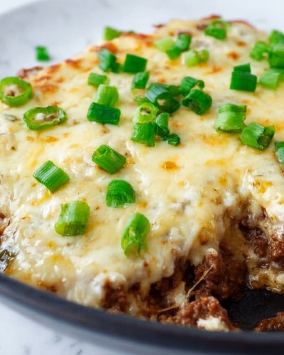 The image shows a close-up of a baked dish in a white plate filled with melted light yellow cheese covering a base layer of browned cooked meat and sauce. On top of the cheese, bright green chopped scallions are scattered evenly, adding fresh color contrast. The cheese texture looks smooth with small browned spots, and the meat beneath appears crumbly and dense. The plate is placed on a white marbled surface that highlights the colors of the dish. Photo taken with an iphone --ar 4:5 --v 7