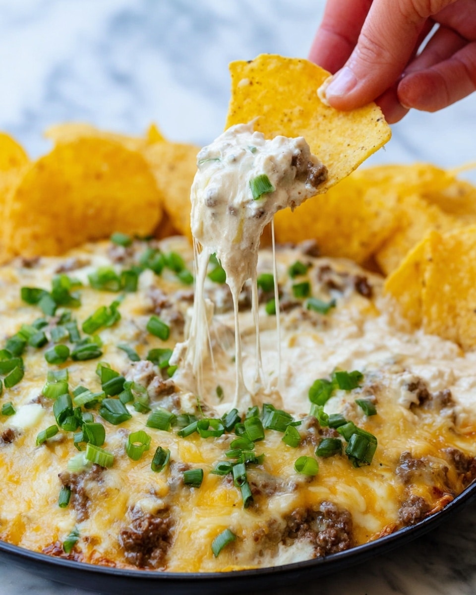 A close-up image of a yellow tortilla chip being held by a woman's hand above a skillet filled with a creamy, melted cheese dip mixed with small pieces of cooked meat and sliced green peppers scattered throughout. The cheese dip is thick and stringy as it stretches from the skillet to the chip. In the background, there is a blue and yellow box of cream cheese. The skillet sits on a white marbled surface. photo taken with an iphone --ar 4:5 --v 7