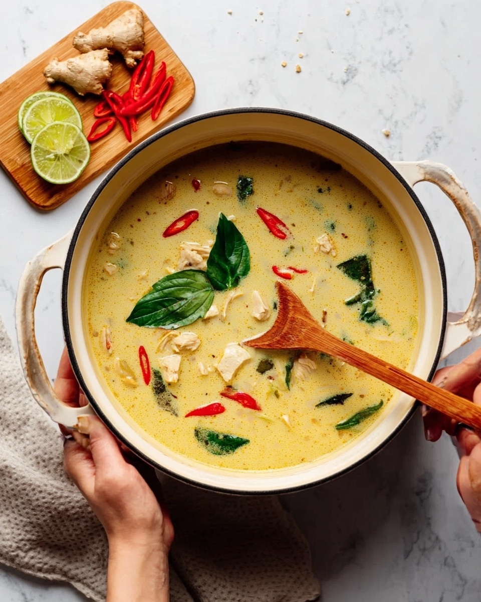 The image shows a white pot filled with creamy light yellow soup, with small pieces of chicken, red chili slices, and green leaves floating on the surface. A wooden spoon is resting inside the pot, partially submerged in the soup. A woman's hand holds the pot from the right side, while another woman's hand supports it from the left. In the background, there is a small wooden board with red chili, lime wedges, and ginger pieces placed on a white marbled surface. photo taken with an iphone --ar 4:5 --v 7