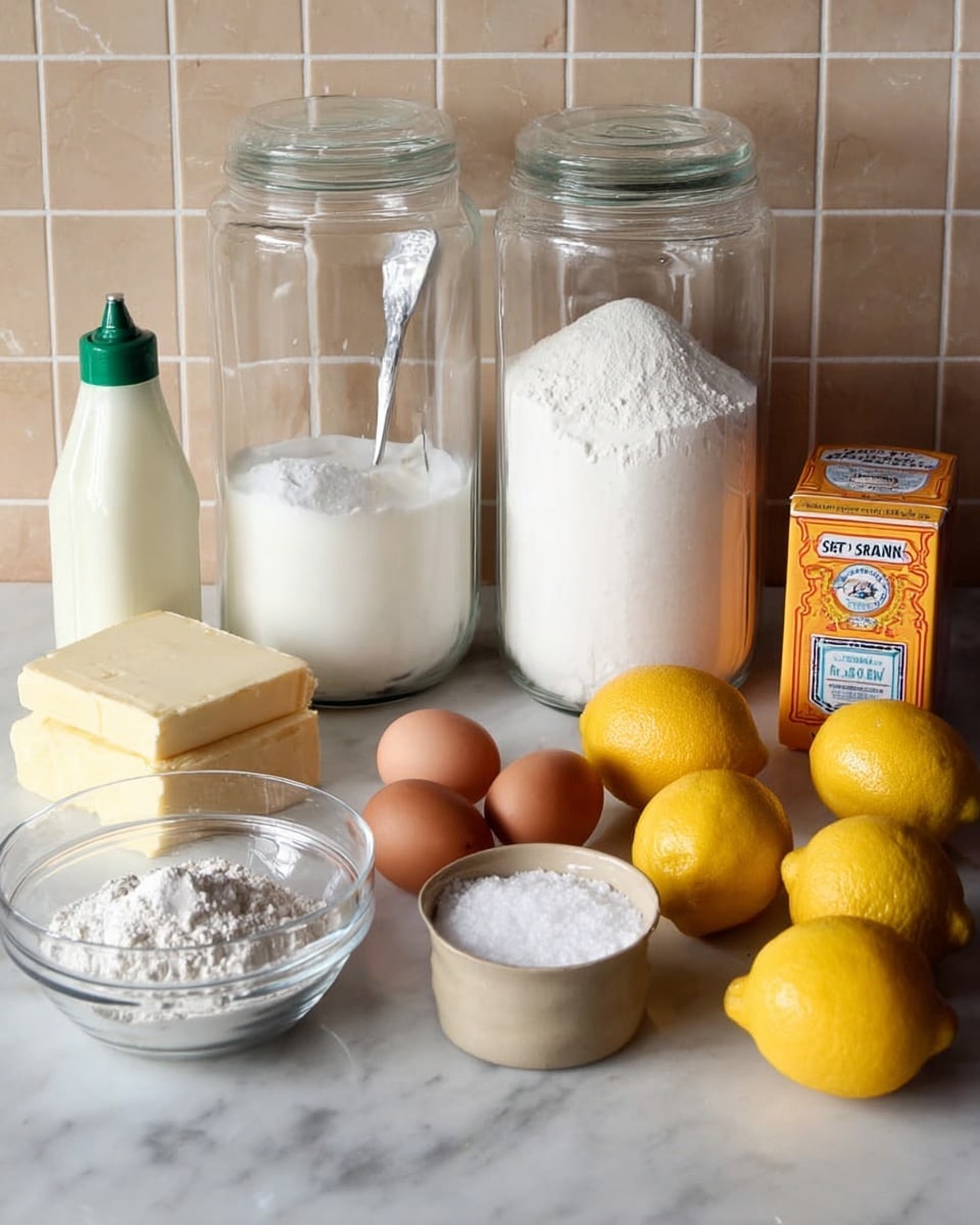 The image shows a clean white marbled surface with cooking ingredients neatly arranged. Two tall clear glass jars stand at the back, one filled with white sugar and the other with white flour and a metal spoon inside. Nearby, on the left, is a green-capped bottle of lowfat cultured buttermilk, two rectangular sticks of unsalted butter stacked, and three brown eggs resting beside them. In front of the jars, a small clear glass bowl contains white powdered sugar or flour. To the right are four bright yellow lemons lined up along the surface, next to a small round beige bowl holding white granulated salt and a classic orange box of baking soda. The background shows plain beige tiles, and the whole scene is calm and well-lit, photo taken with an iphone --ar 4:5 --v 7