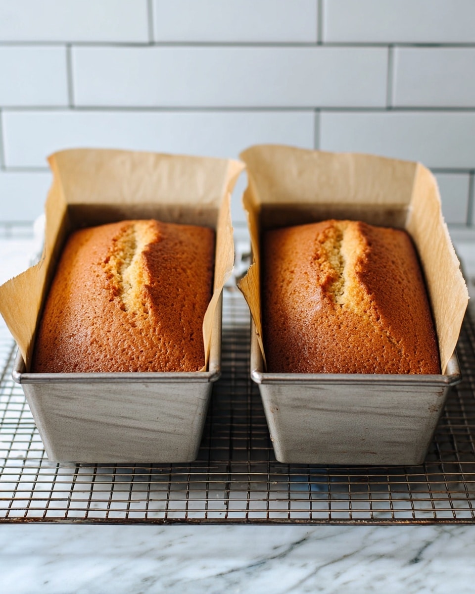 Two golden brown cakes sit inside metal loaf pans lined with baking paper that curls over the edges. Each cake has a soft, slightly risen top with a light crack running down the center. The pans rest side by side on a metal cooling rack placed over a white marbled surface. The background shows white subway tile, creating a clean kitchen look. photo taken with an iphone --ar 4:5 --v 7