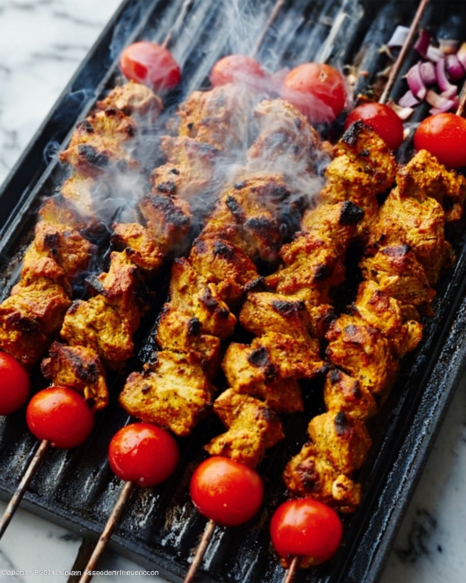 The image shows several skewers of grilled marinated meat placed on a black grill. The meat pieces are arranged closely on the skewers, cooked to a golden brown color with some parts slightly charred, giving a smoky effect. At the ends of each skewer, there are round red tomatoes, evenly spaced, adding a bright contrast to the cooked meat. Small wisps of smoke rise from the grill, making the scene look very fresh and hot. The background is a white marbled texture. photo taken with an iphone --ar 4:5 --v 7