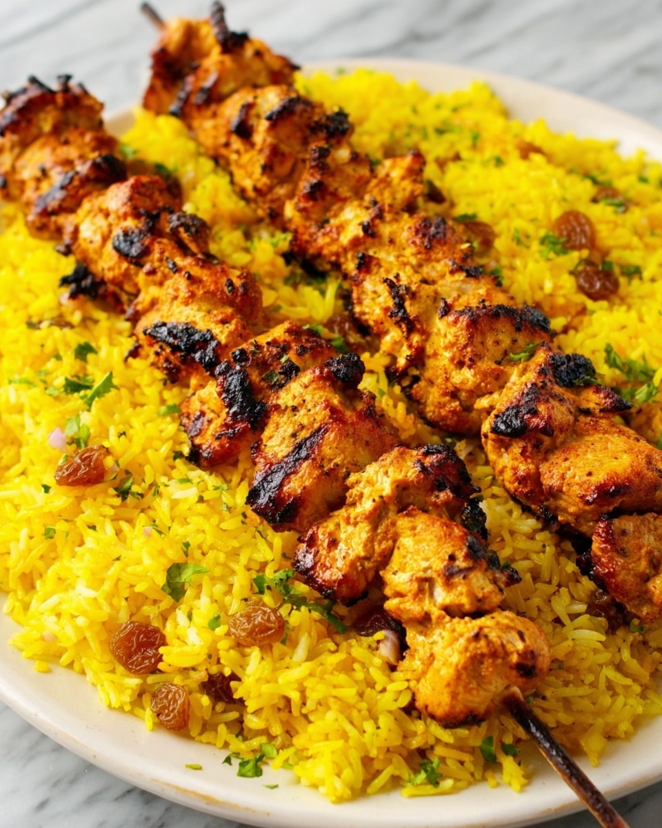 The image shows two long skewers of grilled chicken pieces, golden brown with some darker char marks, placed on top of a bed of vibrant yellow rice. The chicken pieces have a slightly crispy and textured surface with visible spices and small herbs. The yellow rice beneath has a fluffy texture with scattered small bits of vegetables like carrots or raisins, adding contrast and color. All of this is served on a white plate, sitting on a white marbled surface. The photo taken with an iphone --ar 4:5 --v 7