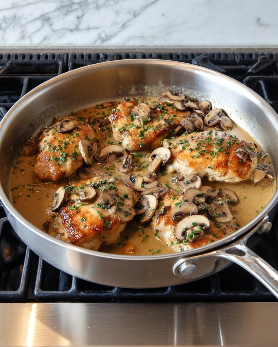 In a silver pan on a stove, there are four browned cooked pieces of chicken layered evenly, each covered with small slices of cooked brown mushrooms. The chicken pieces are topped with finely chopped green herbs sprinkled across the surface. The sauce around the chicken is light brown with a smooth texture, filling the pan and surrounding the chicken and mushrooms. The stove is black, and it is sitting next to a white marbled countertop. photo taken with an iphone --ar 4:5 --v 7
