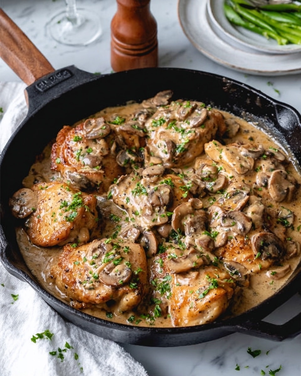 The image shows a black cast iron pan with several pieces of cooked chicken covered in a creamy mushroom sauce. The sauce is light brown with visible mushrooms and small green parsley leaves sprinkled on top. The chicken pieces are well coated and arranged around the pan in a single layer. The pan sits on a white marbled surface with a white cloth nearby and a wooden pepper grinder to the side. In the background, there is a glimpse of a white plate with some green vegetables. A woman's hand is holding the pan handle. Photo taken with an iphone --ar 4:5 --v 7