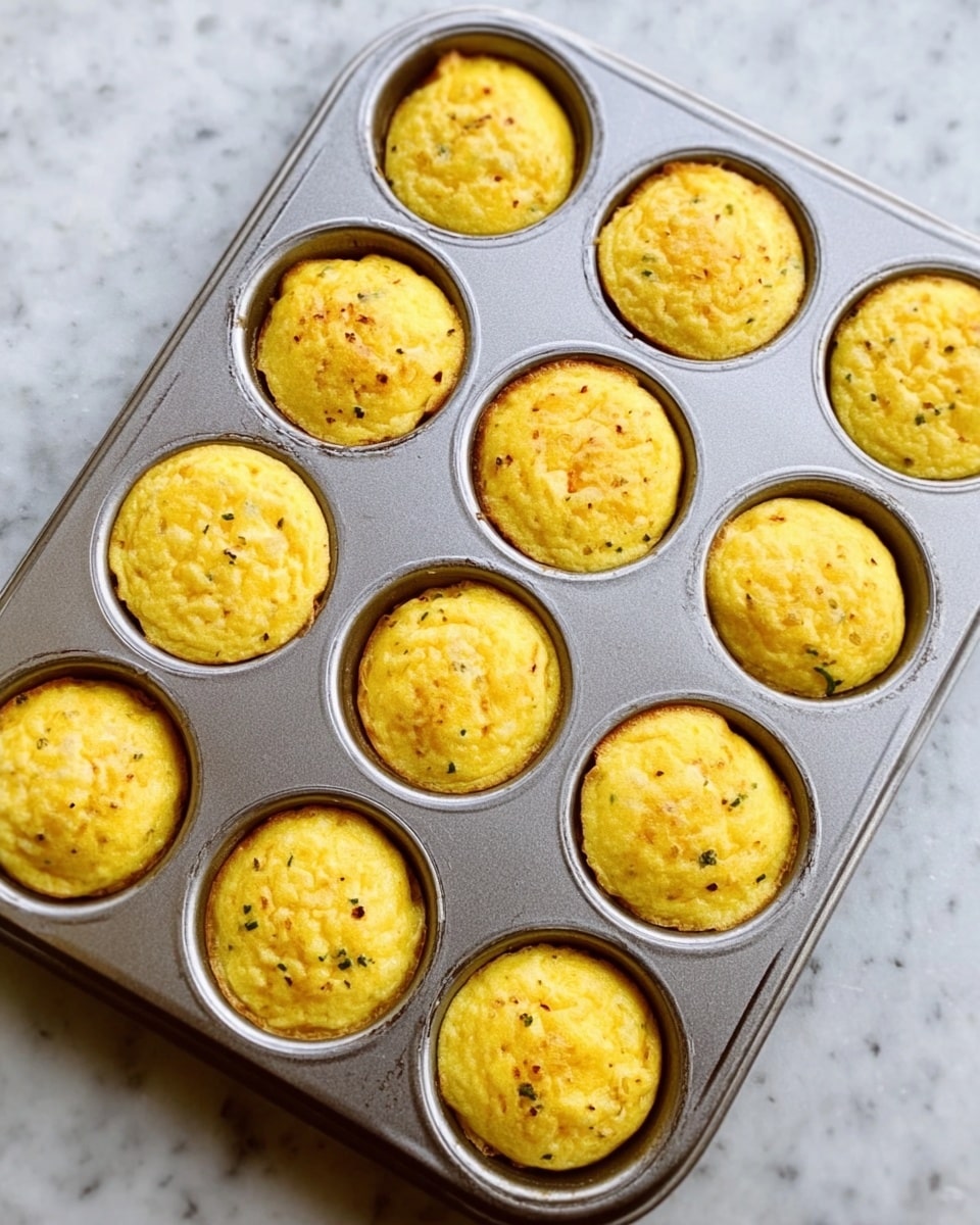 The image shows nine small, round golden-yellow egg muffins inside a metal muffin tray. Each muffin has a smooth, slightly puffy surface with tiny bits of herbs or seasoning sprinkled on top, giving a light texture. The muffin tray rests on a white marbled surface. The lighting is natural, making the muffins look fresh and warm. Photo taken with an iphone --ar 4:5 --v 7