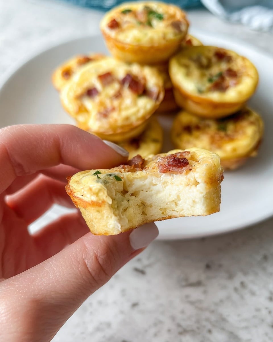 A close-up of a woman's hand holding a small egg muffin with a bite taken out of it, showing two main layers: a light golden brown, slightly crispy crust at the bottom and edges, and a creamy pale yellow egg layer with bits of browned bacon and some green herbs scattered inside. In the background, there is a white plate with several whole egg muffins stacked, all featuring the same golden crust and lightly browned tops with small pieces of bacon and herbs visible. The scene is set on a white marbled surface. photo taken with an iphone --ar 4:5 --v 7