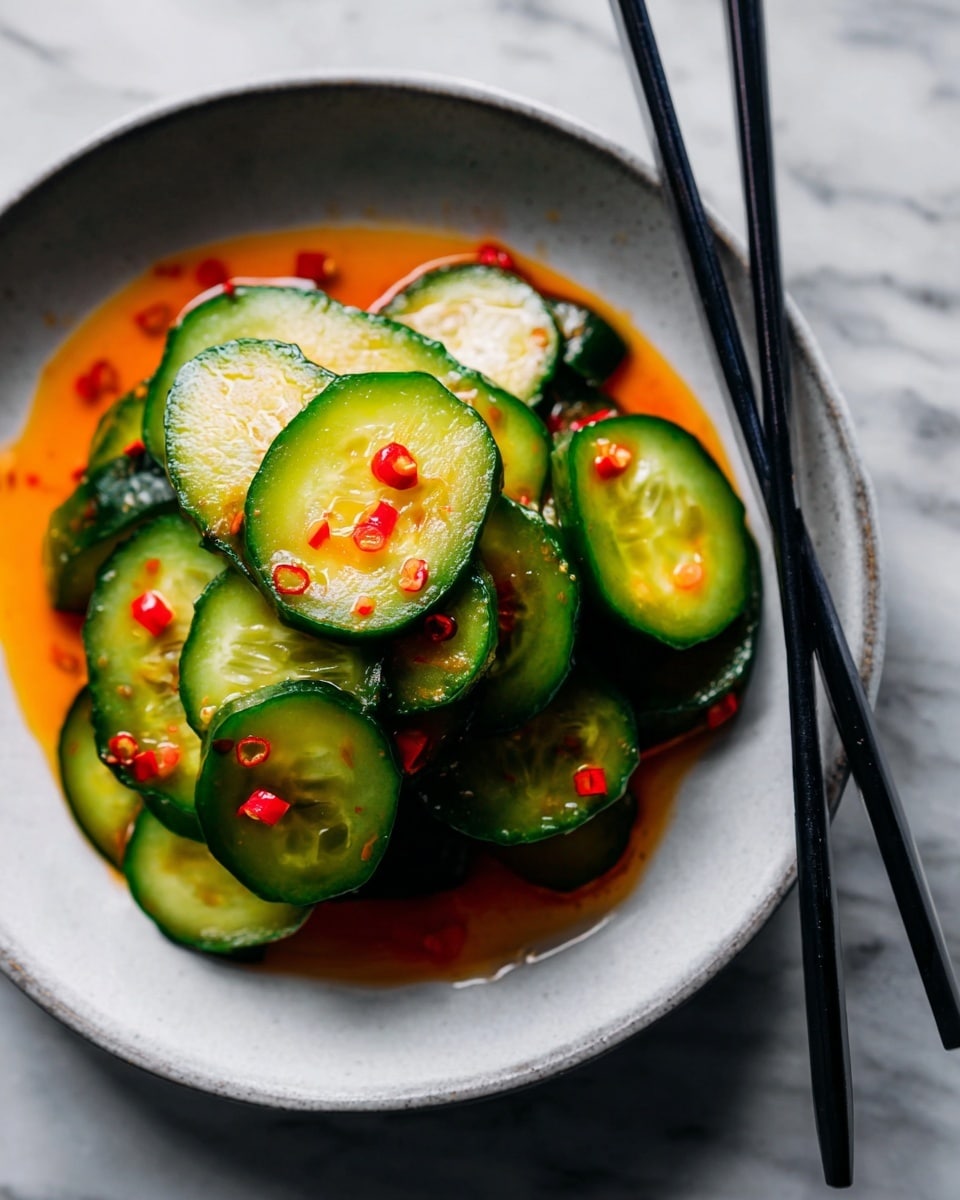 The image shows a white oval plate filled with sliced cucumber rounds arranged in overlapping rows. The cucumbers are bright green with a crisp texture and sit in a dark soy-based sauce that pools underneath them. Red chili pieces and sesame seeds are scattered evenly across the cucumbers, adding spots of red and beige contrast. Two wooden chopsticks rest at the top edge of the plate on a white marbled surface. The overall look is fresh, colorful, and appetizing. Photo taken with an iphone --ar 4:5 --v 7