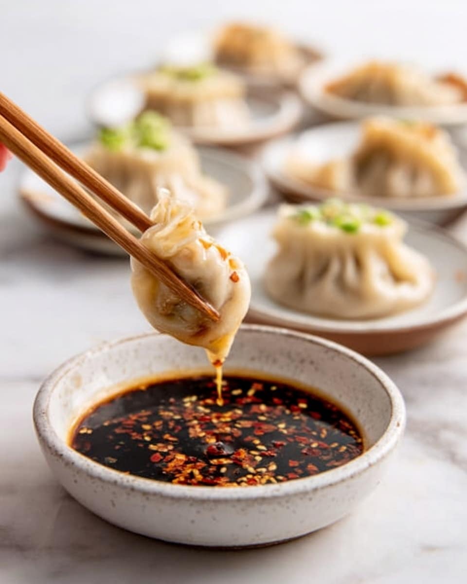 A close-up image shows a white bowl filled with dark soy-based dipping sauce dotted with red chili flakes. Above the bowl, a pair of wooden chopsticks held by a woman's hand is lifting a steamed dumpling dripping a little sauce. In the background, there is a row of white plates on a white marbled surface, each with more dumplings arranged in neat layers, topped with light green garnish. The texture of the dumplings is smooth and slightly shiny. Photo taken with an iphone --ar 4:5 --v 7
