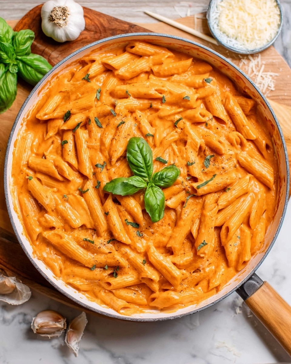 The image shows a white bowl filled with cooked penne pasta covered in a creamy orange-colored sauce. There are small pieces of chicken mixed in with the pasta. On top, there is a fresh green basil leaf and a few slices of translucent white onion. The dish is lightly sprinkled with black pepper. A silver fork rests inside the bowl on the right side. The bowl is on a white marbled surface with a few scattered black peppercorns around. Part of a woman's hand holding a napkin can be seen near the edge of the frame. Photo taken with an iphone --ar 4:5 --v 7
