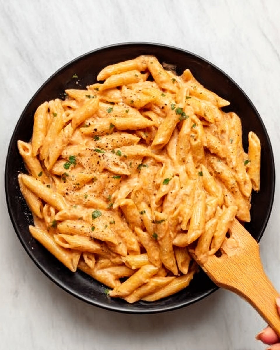 The image shows a black plate filled with creamy penne pasta. There are about three layers of pasta covered in a smooth light orange sauce with small green herb bits sprinkled on top. Some pasta is being lifted from the plate by a wooden spatula on the right side, with a woman's hand holding it. The background is a white marbled surface. photo taken with an iphone --ar 4:5 --v 7