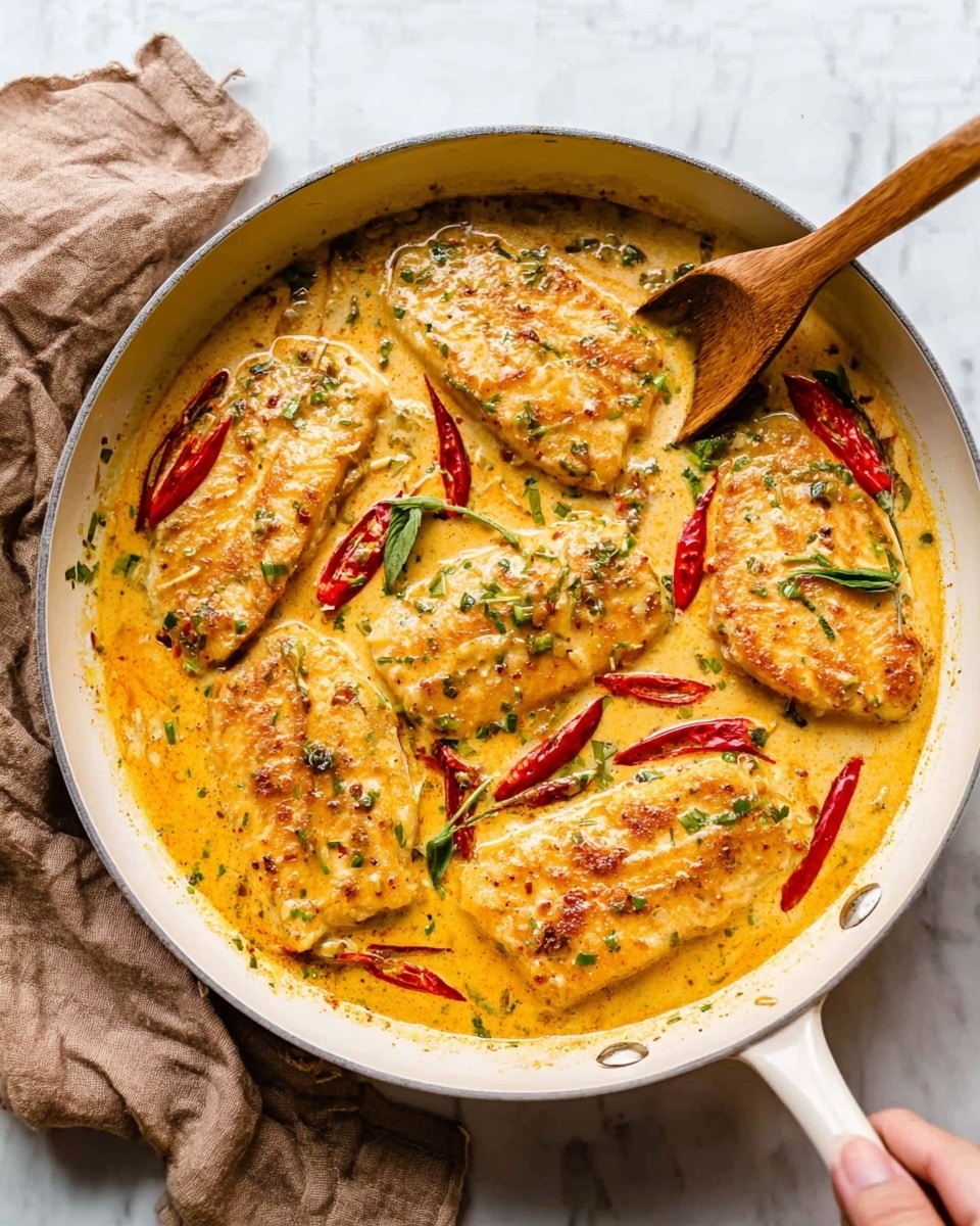 A white pan filled with five golden brown fish fillets cooking in a creamy orange sauce that has a smooth texture. The sauce is dotted with small green herbs and several long red chili peppers scattered around the fillets. A wooden spoon and a brown cloth are placed near the pan on a white marbled surface. A woman's hand is near the pan, reaching out gently. Photo taken with an iphone --ar 4:5 --v 7