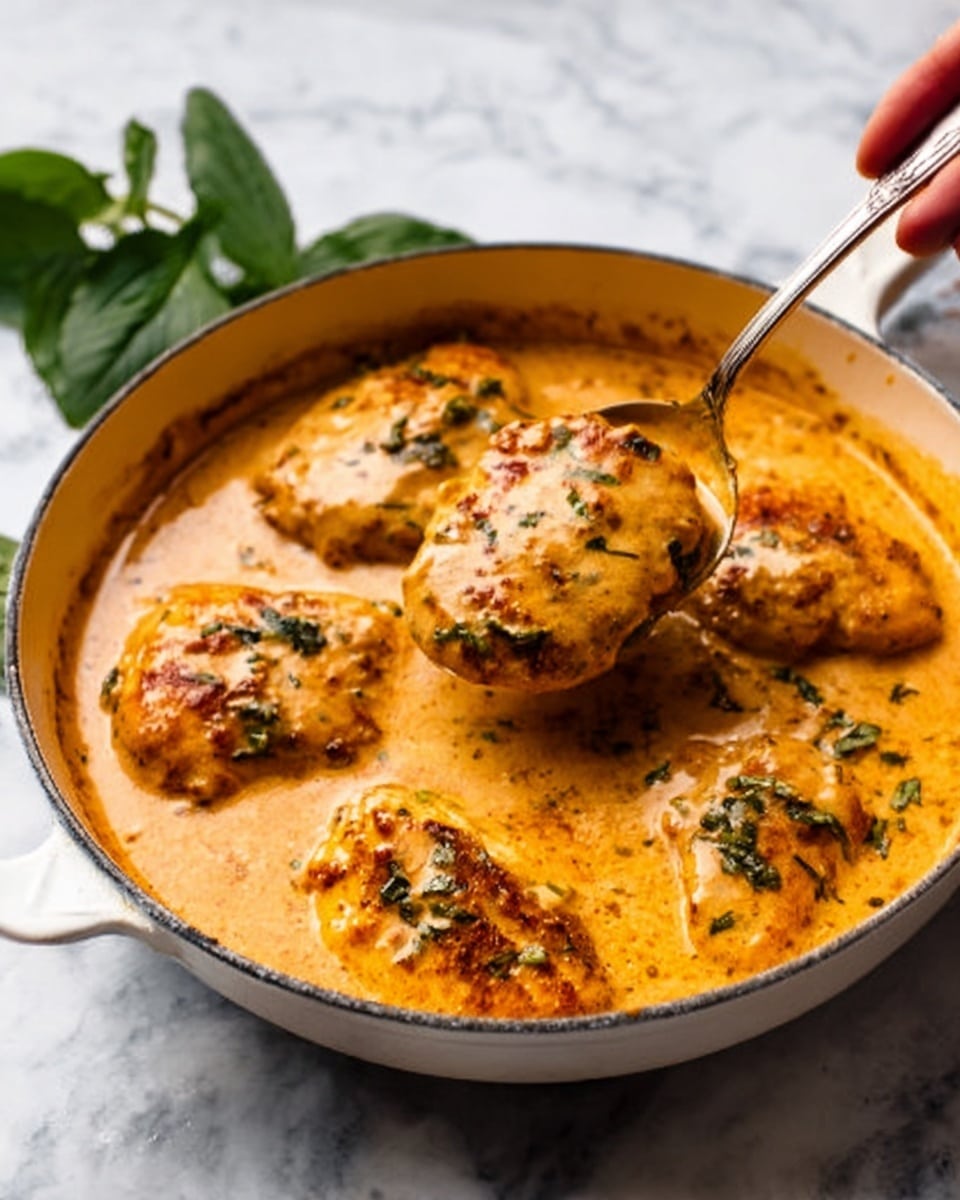 The image shows a white pan filled with a creamy orange sauce with specks of green herbs. Inside the sauce, there are five pieces of cooked chicken, each golden-brown with a slightly crispy texture, partially covered by the thick sauce. A silver spoon is lifting some sauce from the pan, showing its smooth and rich texture, and a woman's hand holds the handle of the spoon. The pan sits on a white marbled surface with a few green leaves slightly blurred in the background. photo taken with an iphone --ar 4:5 --v 7