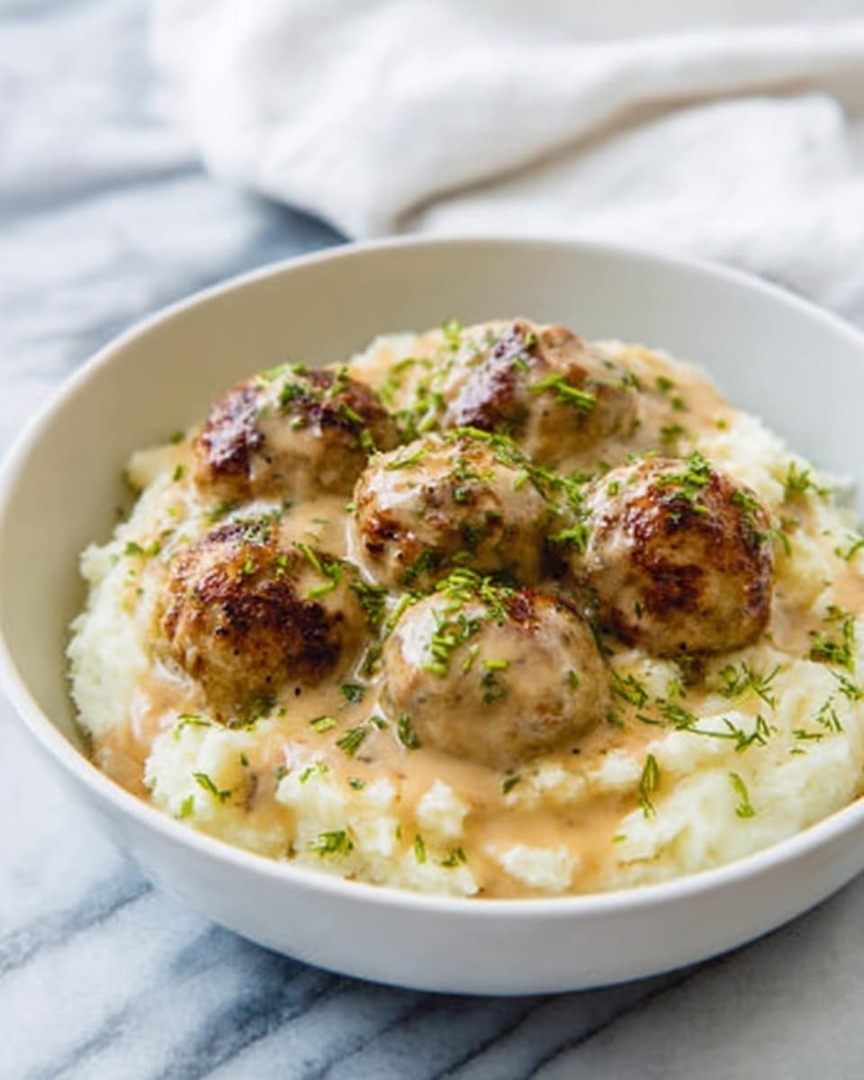 A white bowl filled with creamy mashed potatoes as the base layer, topped with six round meatballs covered in light brown gravy. The meatballs have a slightly crispy texture on the outside, and the gravy looks smooth and thick, drizzled evenly over them. Chopped green herbs are sprinkled on top, adding a fresh touch. The bowl is placed on a white marbled surface with a white napkin blurred in the background. Photo taken with an iphone --ar 4:5 --v 7