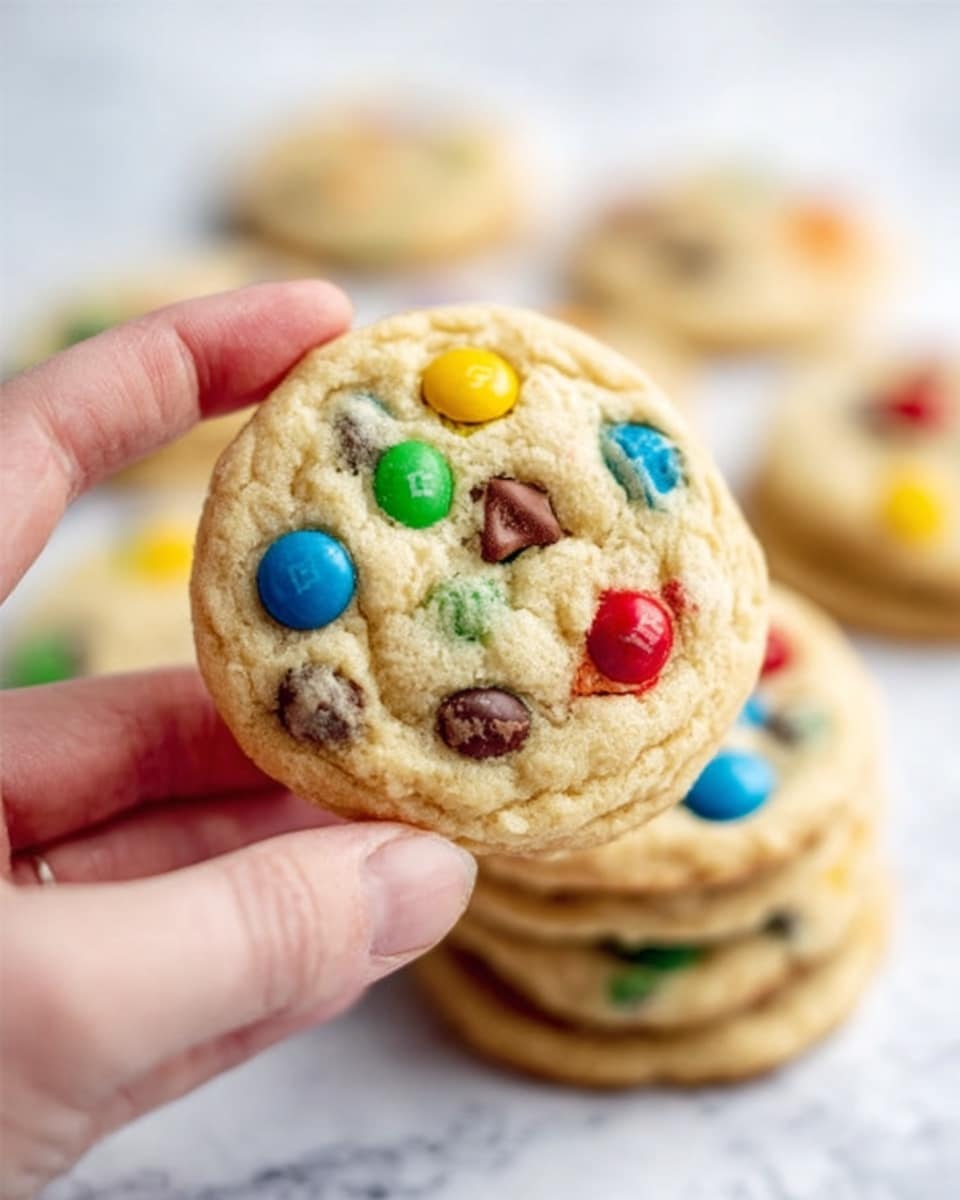 A close-up image of a single round cookie held by a woman's hand, with a soft and slightly crumbly light golden texture. The cookie has colorful candy-coated chocolate pieces embedded on the surface, showing red, yellow, blue, green, and brown colors scattered unevenly. In the blurred background, more cookies lie stacked in a pile on a white marbled surface, showing similar candy toppings. photo taken with an iphone --ar 4:5 --v 7