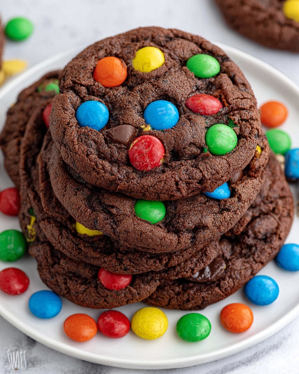 The image shows a stack of thick, dark brown chocolate cookies on a white plate placed on a white marbled surface. Each cookie is loaded with colorful candy-coated chocolate pieces in red, green, blue, yellow, and orange, some of which are slightly cracked, giving a textured look. The cookies have a rough and slightly crinkled surface with visible cracks, showing a rich, dense chocolate base. The candies are scattered both on the cookies and around the plate, adding bright pops of color against the dark cookies and white plate photo taken with an iphone --ar 4:5 --v 7