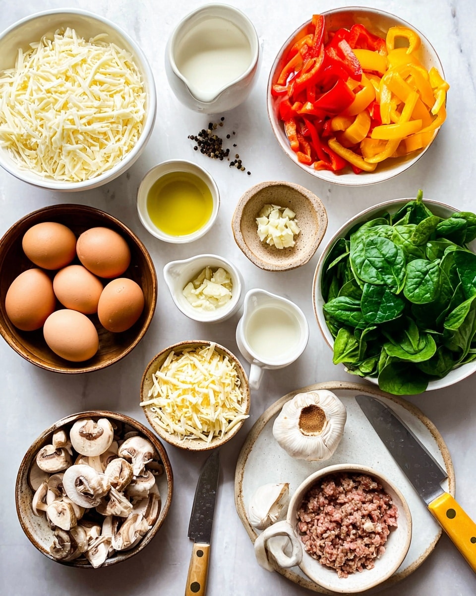 A top-down view of various cooking ingredients placed neatly on a white marbled surface. On the left, there is a white bowl filled with shredded white cheese, below it a brown bowl holds seven brown eggs. Above the eggs, a white bowl contains chopped red and yellow bell peppers. Next to it, a small rustic bowl holds minced garlic and a small yellow bowl with olive oil. In the center, a white measuring cup has cream, and a small brown bowl contains shredded yellow cheese. On the right, a white bowl is full of fresh green spinach leaves with some loose leaves beside it. Nearby, a white plate holds whole and sliced brown mushrooms with a knife featuring a yellow handle. Below the spinach on the right, a white bowl holds ground meat. Two white spoons with spices rest near the bowls, along with a few scattered black peppercorns. Photo taken with an iphone --ar 4:5 --v 7
