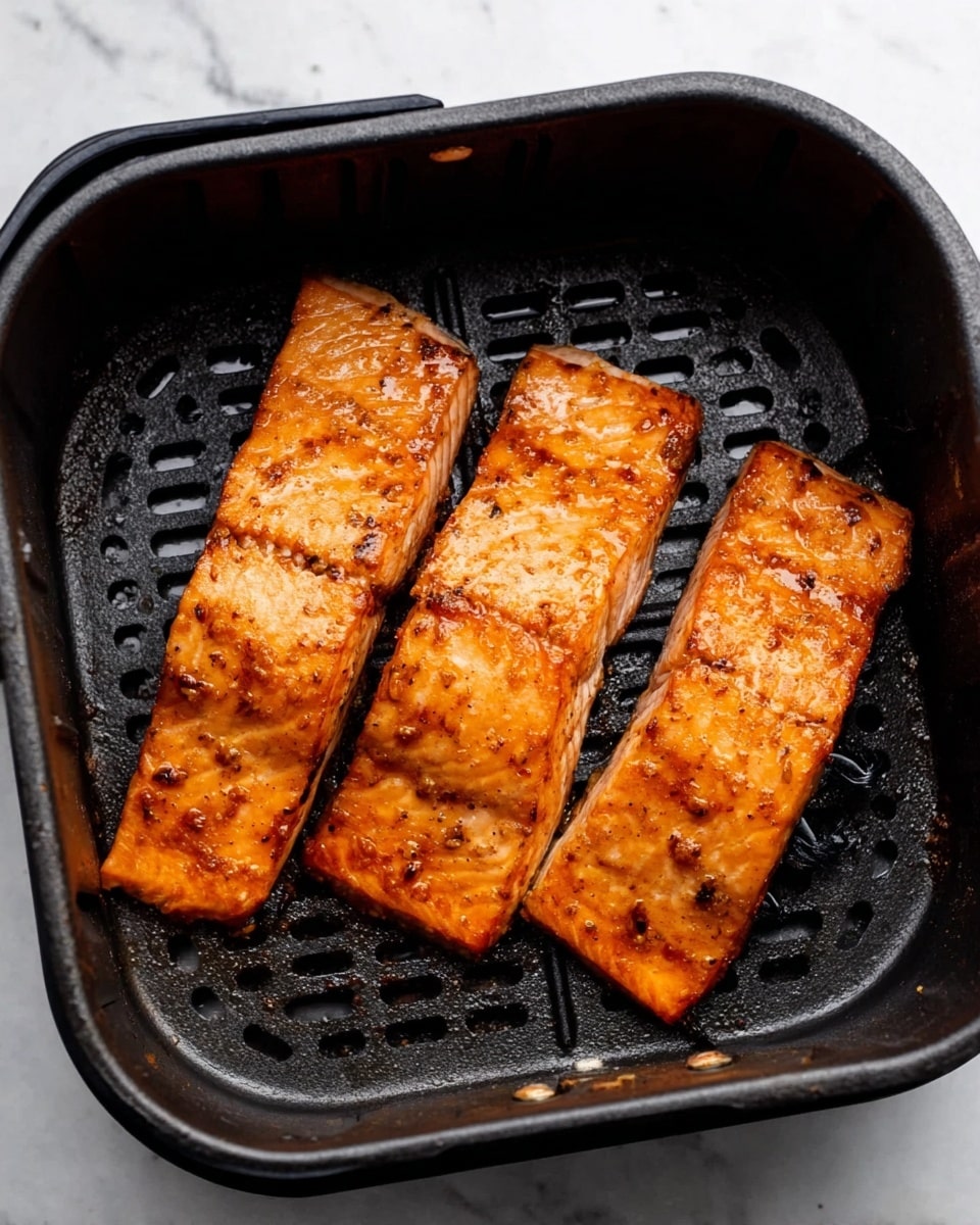 The image shows three cooked salmon fillets placed side by side in a black air fryer basket. Each fillet has a shiny, orange-brown color with a slightly crispy texture on top. The fillets have grill marks and appear moist and tender. The air fryer basket is on a white marbled surface. photo taken with an iphone --ar 4:5 --v 7