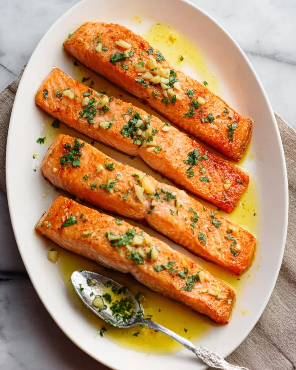 The image shows four long, cooked salmon fillets arranged in a row on a white oval plate, each fillet having a slightly crispy and light pink-orange surface with small bits of garlic and green herbs sprinkled on top. The plate sits on a white marbled background, with a metal spoon resting at the bottom right corner holding a small amount of green and yellow sauce. The lighting highlights the texture and color of the salmon, making it look fresh and tasty. Photo taken with an iphone --ar 4:5 --v 7