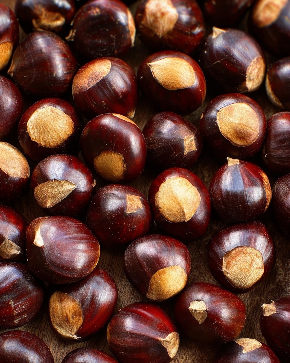 The image shows many shiny dark brown chestnuts closely packed together, covering the entire frame. Each chestnut has a glossy, smooth surface with a distinct light tan patch near the top. The chestnuts vary slightly in size but are mostly round and some slightly oval shaped. The chestnuts appear fresh and are placed on a surface with a subtle wood texture barely visible between them. photo taken with an iphone --ar 4:5 --v 7