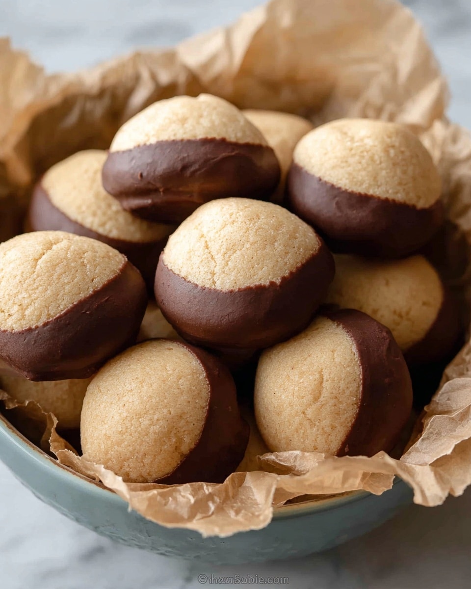A bowl lined with crinkled light brown paper holds several round cookies with two layers. The bottom layer is smooth and dark brown chocolate, covering about half the cookie from the base up to the sides. The top layer is a slightly rough, pale beige dough, rounded and slightly domed, sitting on top of the chocolate. The cookies are tightly packed together inside the bowl, showing their smooth chocolate and dough textures clearly. The bowl is resting on a white marbled surface. photo taken with an iphone --ar 4:5 --v 7