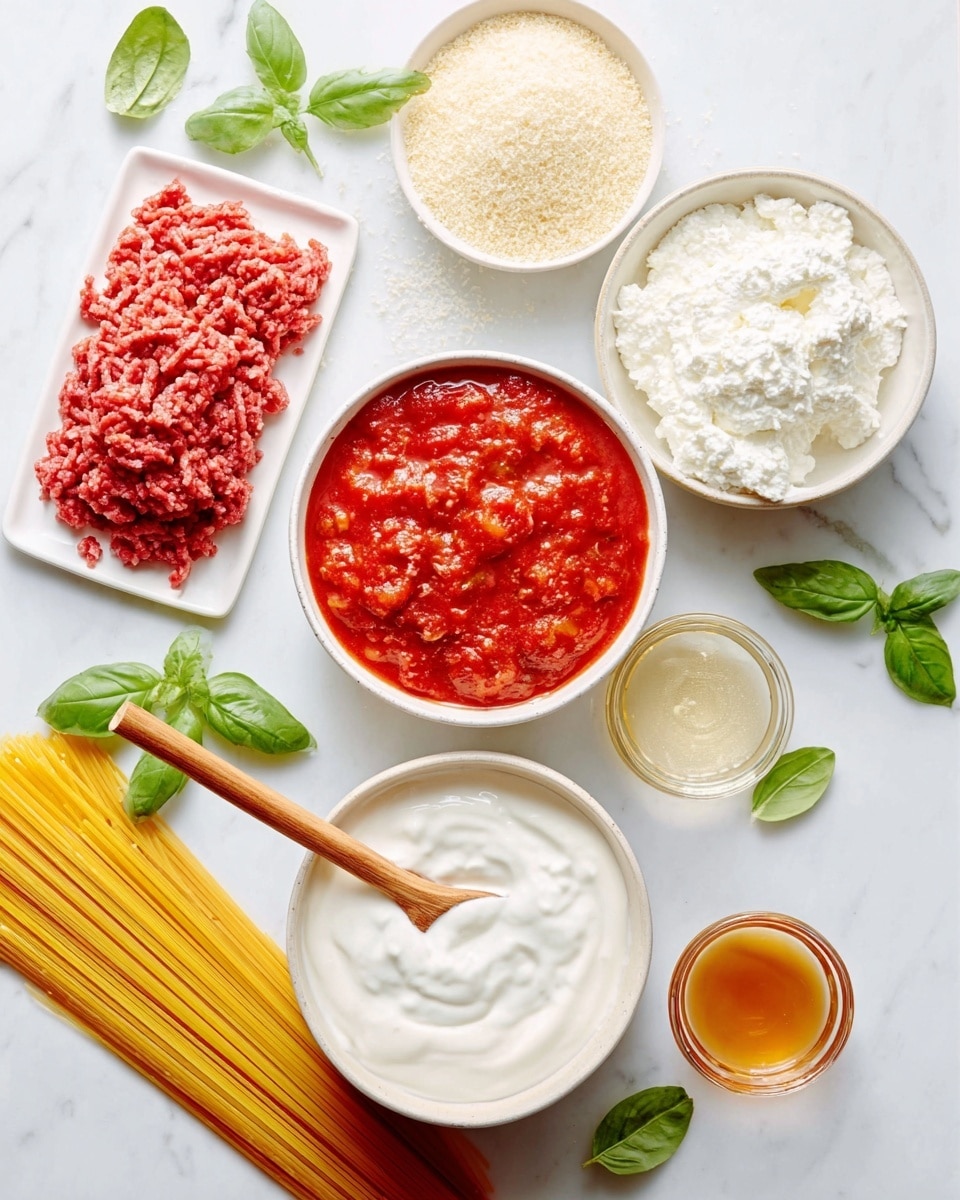 The image shows six white dishes and ingredients placed on a white marbled surface. In the center, there is a round white bowl filled with thick red tomato sauce with visible tomato chunks. Above it, to the right, a smaller white bowl holds soft white ricotta cheese. Below the tomato sauce bowl, there is a larger white bowl full of smooth white creamy mixture, with a wooden spoon resting inside, the spoon's handle pointing down. To the left of the tomato sauce, there is a square white plate with raw red ground meat. Above the ground meat, a white bowl contains a mix of white and beige grated cheese. On the far right, uncooked yellow spaghetti tied with a string lies beside scattered green basil leaves. Two small clear containers of light brown liquid sit near the bottom right. The setting looks bright and fresh. Photo taken with an iphone --ar 4:5 --v 7