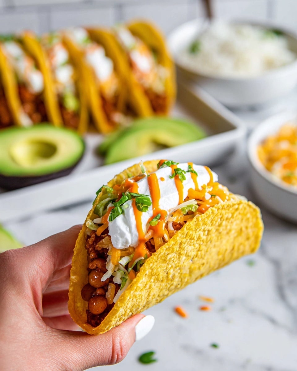 A yellow corn taco shell held by a woman's hand filled with several layers: the bottom layer is a mix of cooked meat and beans in a brownish sauce, topped with melted light yellow cheese, then a dollop of white sour cream with a small drizzle of orange sauce, and small green chopped herbs sprinkled on top. In the background, there is a white tray with more tacos, halves of green avocado, a white bowl with rice, and additional tacos on a white plate, all set on a white marbled surface. Photo taken with an iphone --ar 4:5 --v 7