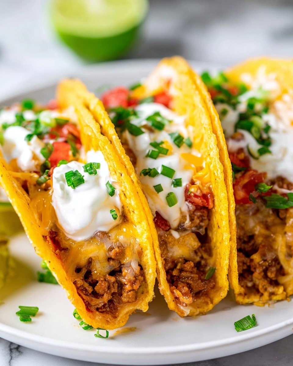 Three tacos stand side by side on a white plate with a white marbled background. Each taco has a yellow crunchy shell filled with layers of browned meat mixed with red tomato pieces, topped with melted light brown cheese. On top of each taco, there is a dollop of white sour cream sprinkled with small green onion pieces and chopped cilantro scattered inside and around the shells. In the background, a blurred slice of green lime is visible. Photo taken with an iphone --ar 4:5 --v 7