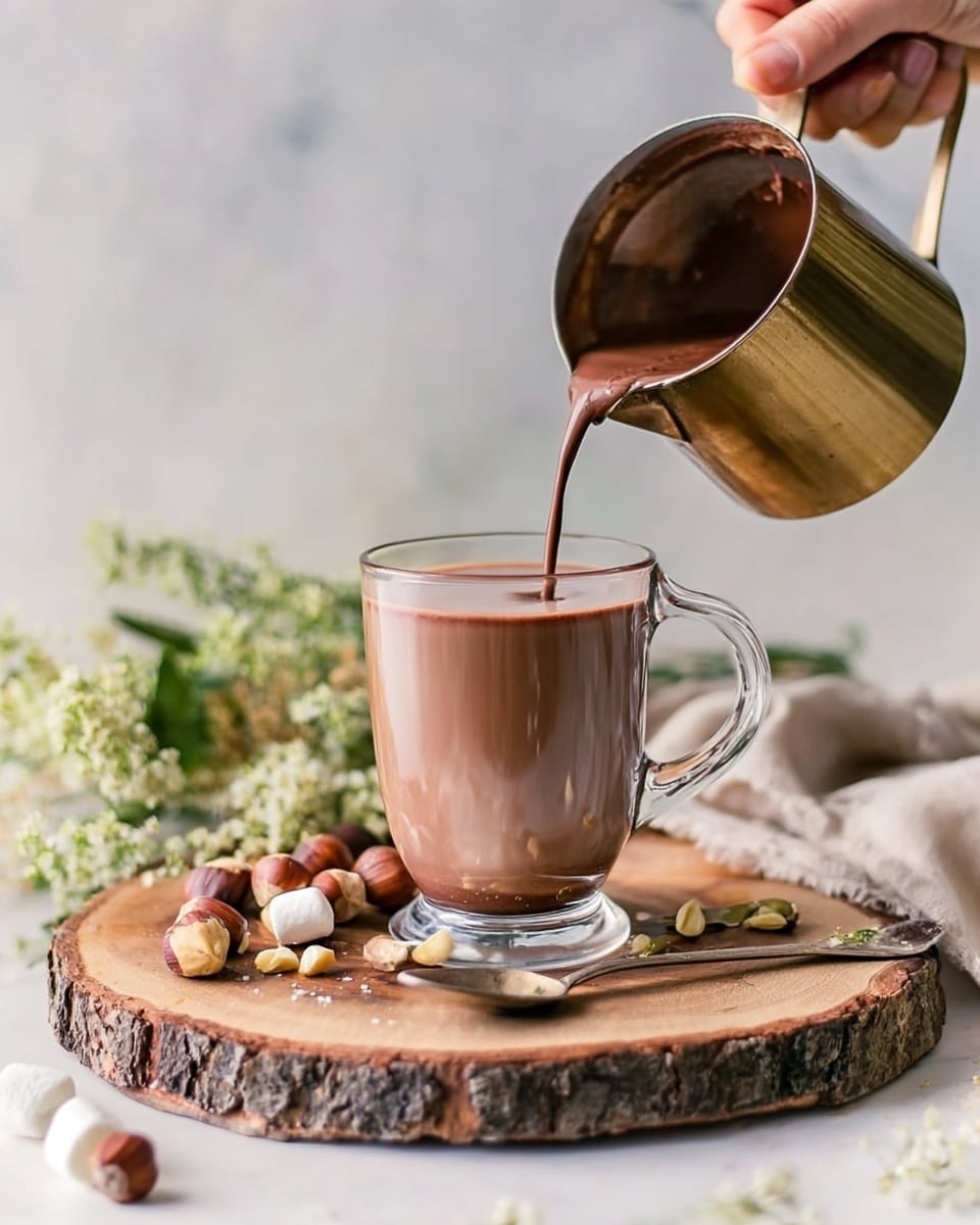 A clear glass cup filled with smooth light brown hot chocolate being poured from a brass pitcher held by a woman's hand, the chocolate mid-pour creating a soft flow into the cup. The cup sits on a round wooden board with rough bark edges, decorated with toasted marshmallows and whole hazelnuts scattered around. A vintage silver spoon rests beside the cup on the board. Soft green and white flowers are blurred in the background over a white marbled surface photo taken with an iphone --ar 4:5 --v 7