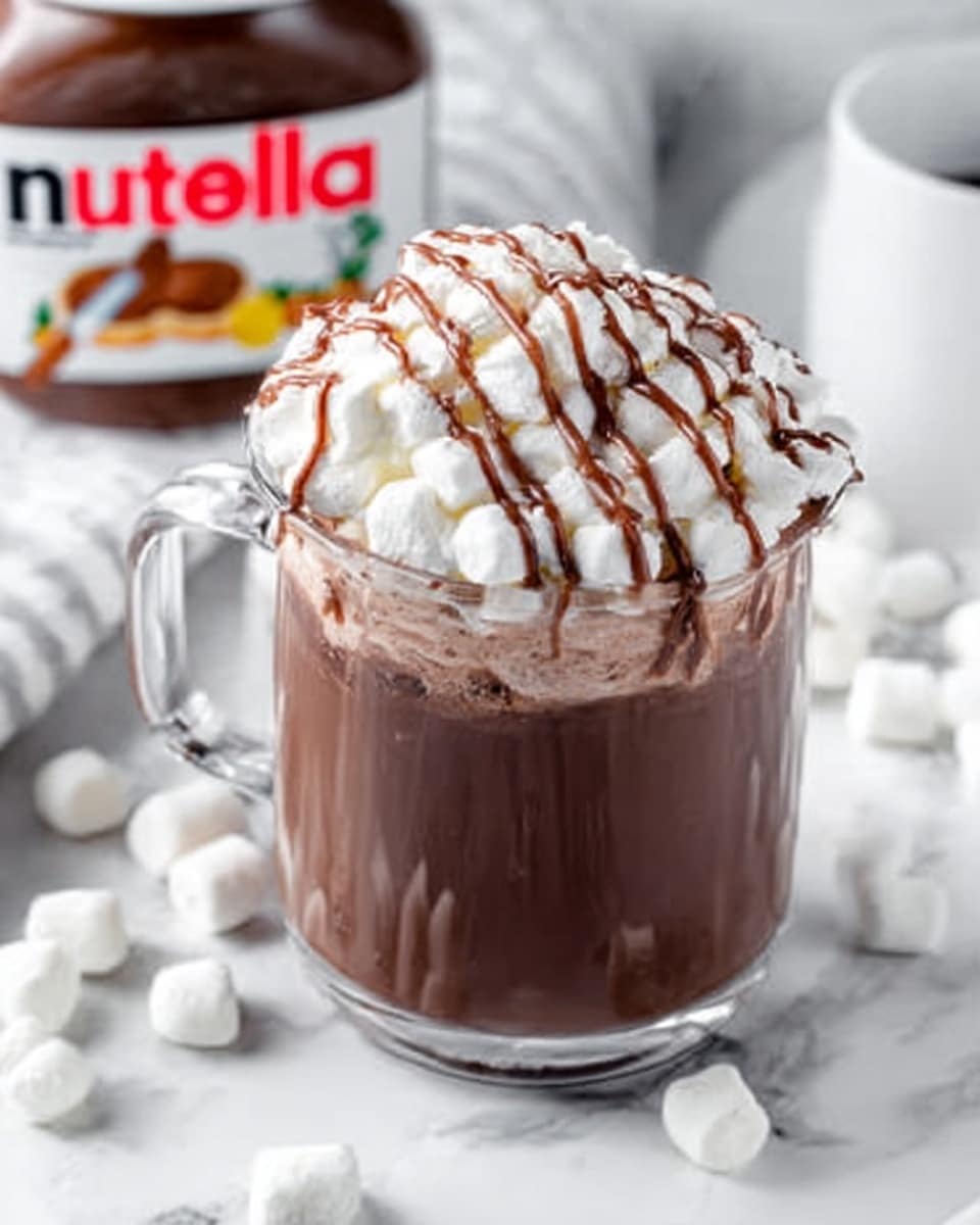 A clear glass mug filled with rich dark brown hot chocolate. On top, there is a thick layer of fluffy white whipped cream that overflow slightly, decorated with a drizzle of smooth milk chocolate syrup creating thin lines across the cream. Around the mug, there are small white marshmallows scattered on a white marbled surface. In the background, there is a Nutella jar and a white cup out of focus. Photo taken with an iphone --ar 4:5 --v 7