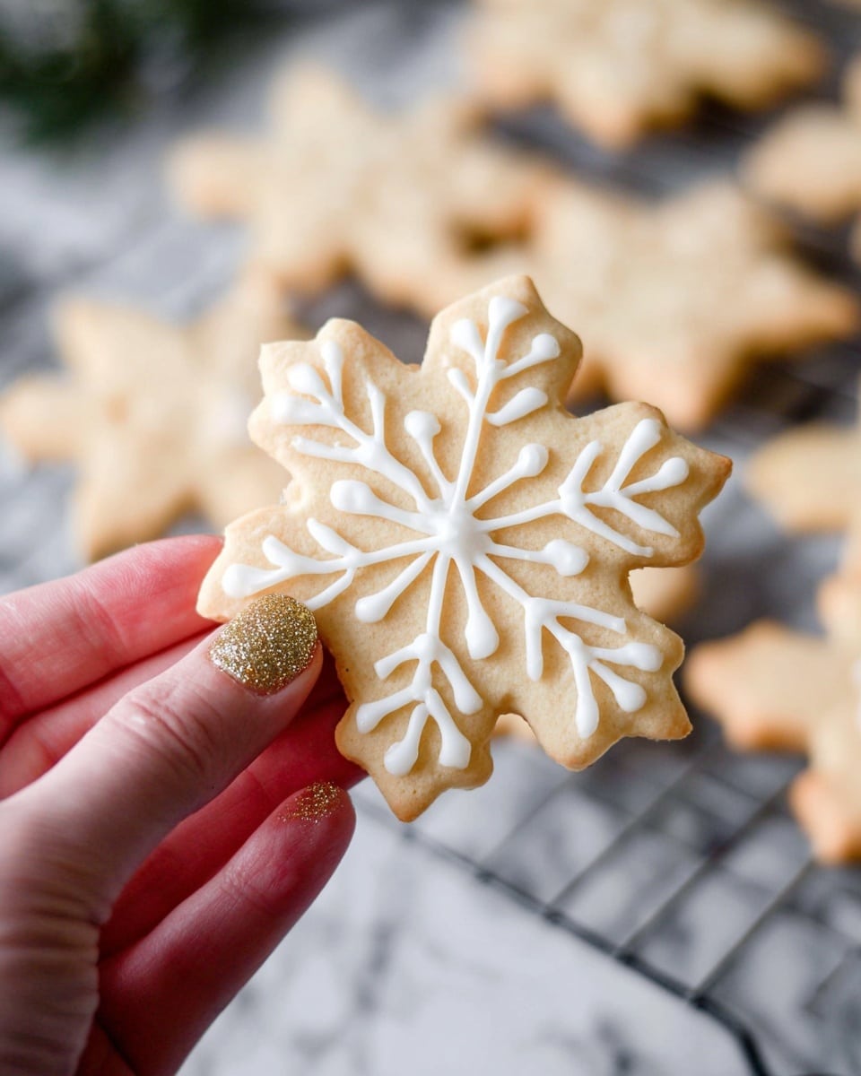 A woman's hand with gold glitter nail polish holds a light beige snowflake-shaped cookie with white icing arranged in a snowflake pattern on top; the cookie has a smooth surface with a slightly rough icing texture that looks soft and creamy. In the blurred background, more similar cookies lie on a metal cooling rack, resting on a white marbled surface. Photo taken with an iphone --ar 4:5 --v 7