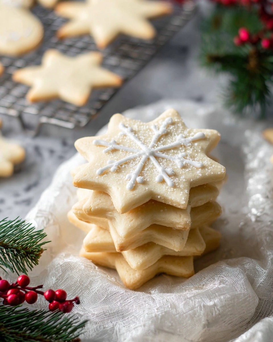 The image shows a small stack of five light golden snowflake-shaped cookies on a white marbled cloth surface. The front cookie has simple white icing lines forming a snowflake pattern with small bits of white sugar crystals scattered on it. In the background, several plain cookies like the front one are cooling on a metal wire rack. Red berries and green pine branches add a festive touch on the sides of the image. The lighting is soft and natural, highlighting the smooth, slightly grainy texture of the cookies. Photo taken with an iphone --ar 4:5 --v 7