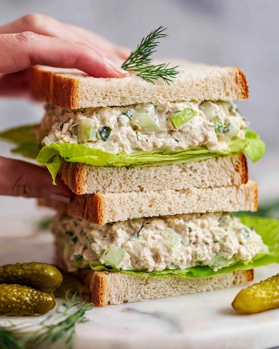 A close-up of a sandwich held by a woman's hand, showing two layers of soft white bread with crusts slightly browned. Inside, there are two main layers: a thick, creamy filling mixed with green herbs and small pieces of celery, and fresh light green lettuce leaves underneath the filling. The sandwich is placed on a white marbled surface with some dill sprigs and two small pickles nearby. A small sprig of dill is also placed on top of the sandwich, adding a touch of green. The background is soft and blurred, focusing attention on the sandwich. photo taken with an iphone --ar 4:5 --v 7
