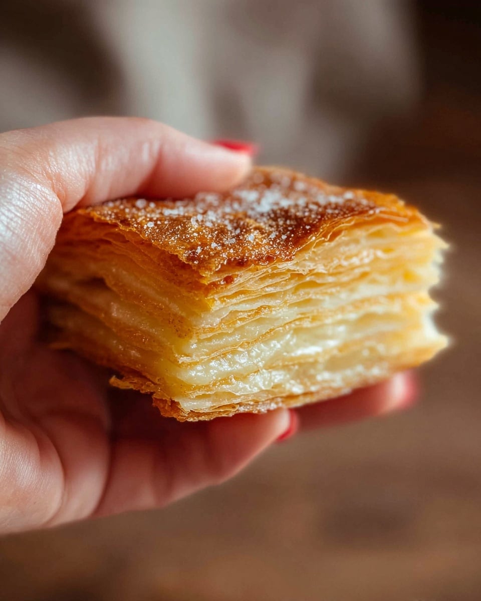 A woman's hand is holding a piece of layered pastry with a golden brown top layer sprinkled with coarse sugar. The pastry shows about six visible thin, creamy yellow layers stacked neatly, with a slightly crispy and shiny texture on the top and soft layers inside. The background is blurred, focusing on the pastry’s textures with a cozy, warm tone. Photo taken with an iphone --ar 4:5 --v 7