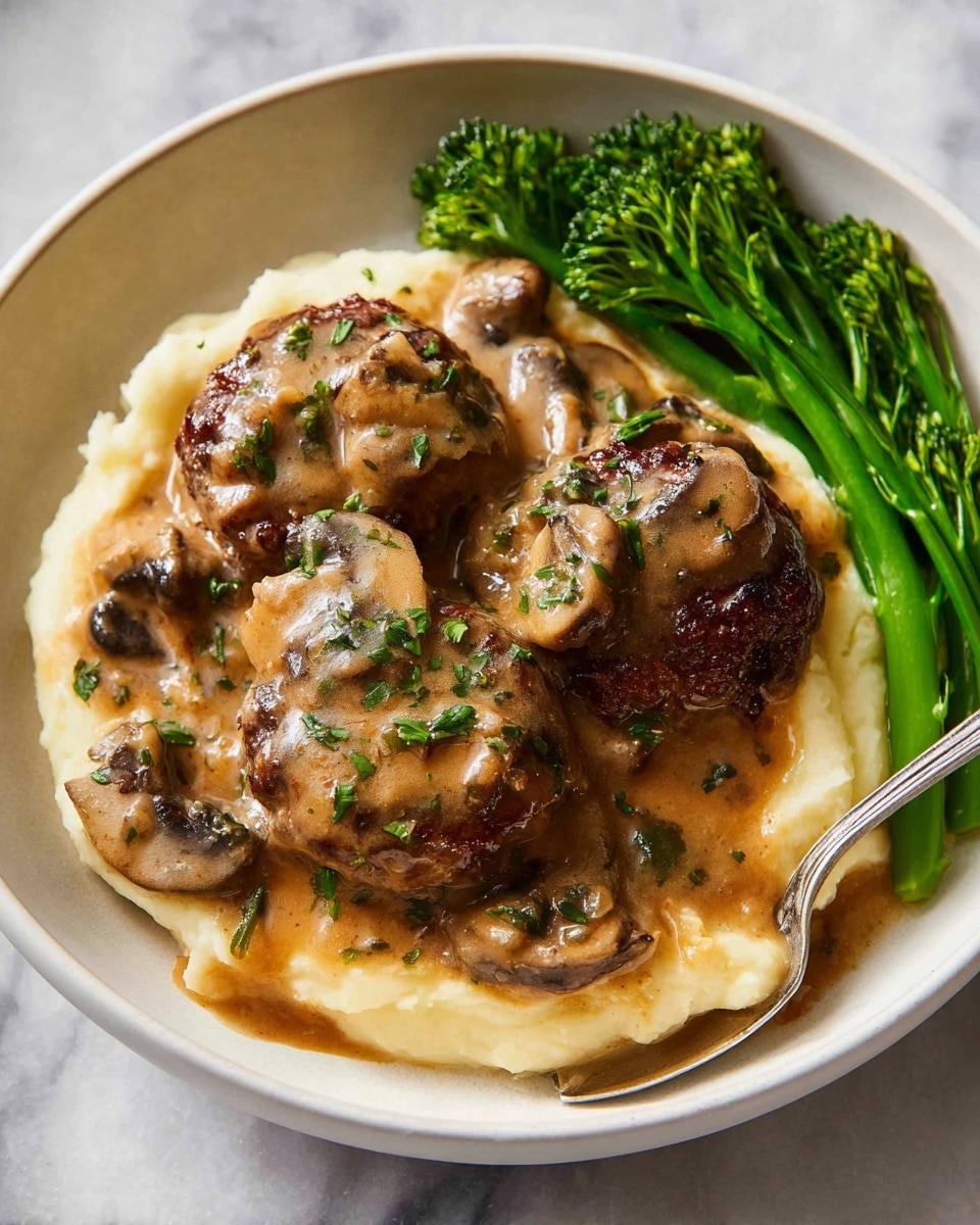 In a white bowl on a white marbled surface, there are three brown meat patties covered with thick light brown mushroom sauce with small green herb pieces sprinkled on top. Under the patties is a smooth layer of creamy white mashed potatoes. Around the mashed potatoes and patties are light brown mushroom slices mixed in the sauce. To the side of the patties, bright green broccolini stalks stretch across the bowl, adding color contrast. The whole dish looks hearty and rich, with a spoon resting in the bowl, ready to dig in. Photo taken with an iphone --ar 4:5 --v 7