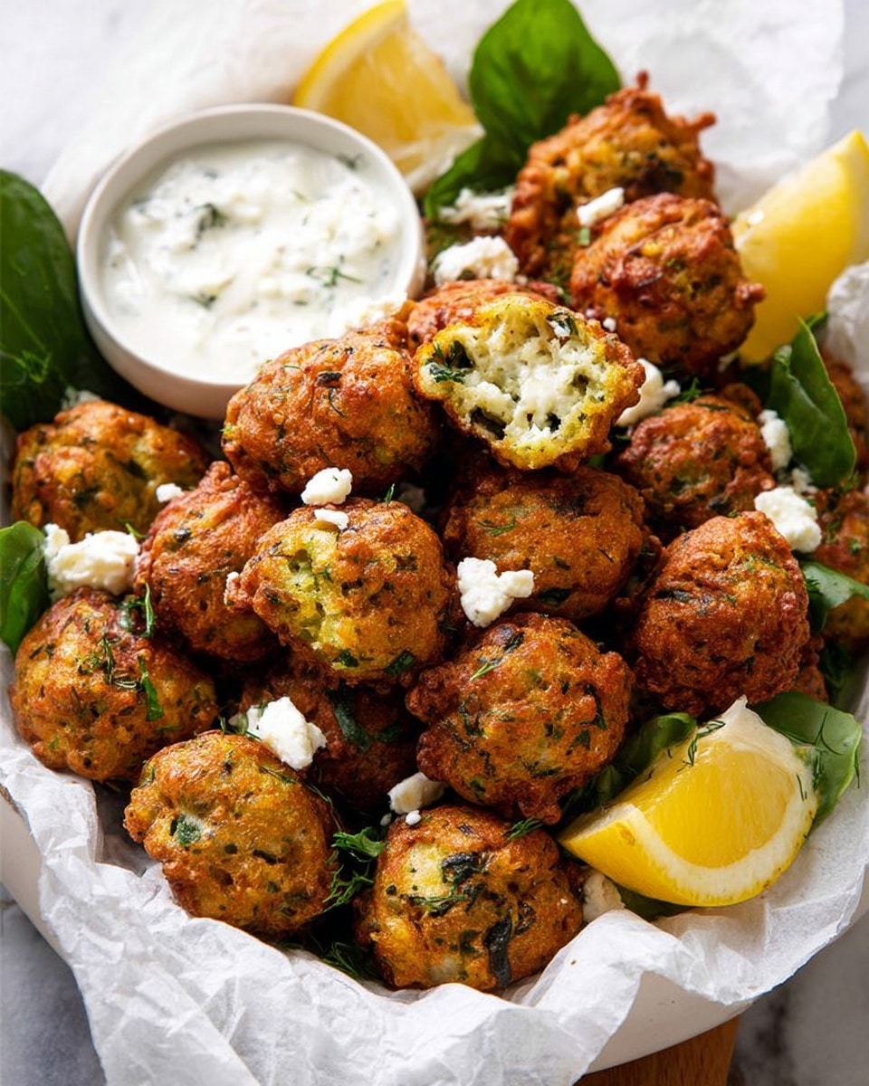 A white bowl lined with white paper holds many small, golden brown fritters speckled with green herbs and small white bits inside. On top of the fritters, there are scattered small white cheese crumbles and fresh green leafy herbs. Around the edge of the bowl, there are bright yellow lemon wedges. In the back right side of the bowl, there is a small white cup filled with white dipping sauce, and one fritter rests partially dipped in the sauce. The bowl is placed on a white marbled surface. photo taken with an iphone --ar 4:5 --v 7