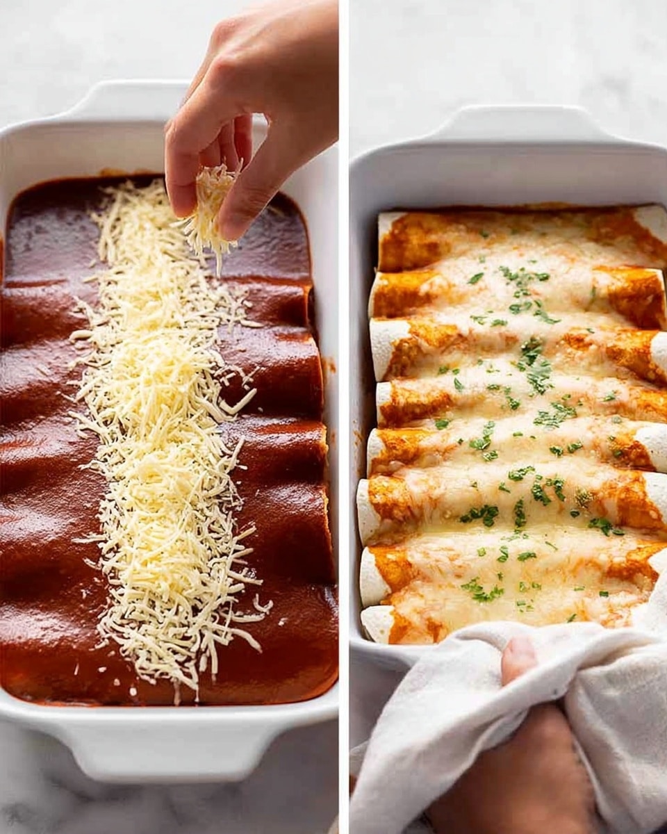 The image shows two side-by-side close-ups of a white casserole dish filled with enchiladas. On the left side, a woman's hand sprinkles shredded light yellow cheese over seven rolled tortillas covered in smooth, rich, deep red sauce. On the right side, the enchiladas are fully baked, with a melted, slightly browned layer of cheese on top, sprinkled with small green herb pieces. The white casserole dish rests on a white marbled background, and another woman's hand holding a white cloth grips the dish on the right side. photo taken with an iphone --ar 4:5 --v 7