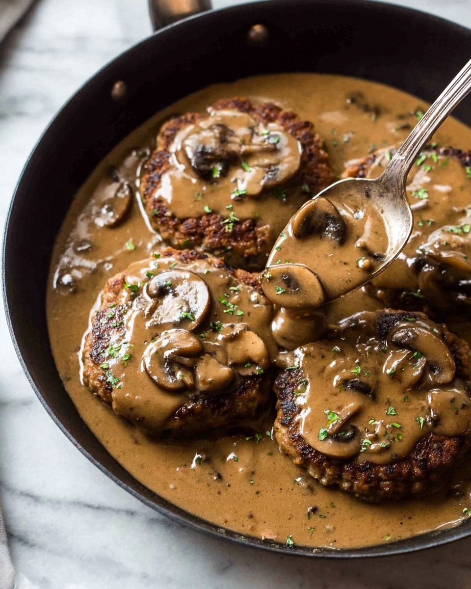 The main image shows a close-up of a cooked hamburger patty topped with sliced mushrooms and sauce, resting on a bed of creamy mashed potatoes, with green beans on the side, all served on a white plate placed on a white marbled surface. The three smaller images on the right display the cooking process: the top shows a glass bowl with raw ground meat mixed together, the middle features a woman's hand holding a shaped raw hamburger patty, and the bottom shows a white pan filled with sliced mushrooms being cooked. The textures vary from soft mashed potatoes, tender mushrooms, juicy meat patty, to fresh green beans, all highlighting a warm, home-cooked meal style photo taken with an iphone --ar 4:5 --v 7