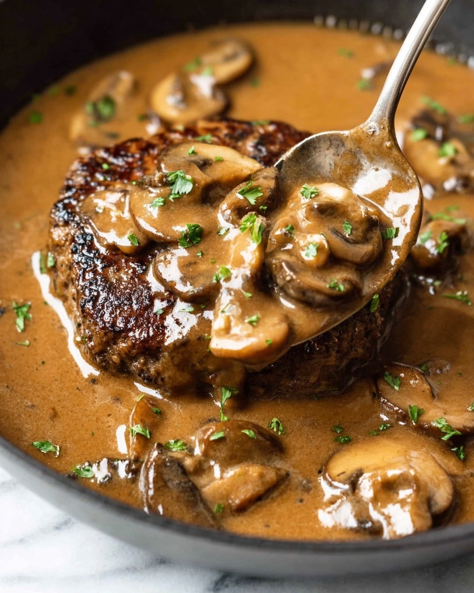The image shows five round brown patties in a black pan, covered with light brown mushroom sauce. The sauce has sliced brown mushrooms and small pieces of green herbs scattered on top. A silver spoon is lifting some sauce and mushrooms over one patty from the right side. The background is a white marbled texture. Photo taken with an iphone --ar 4:5 --v 7