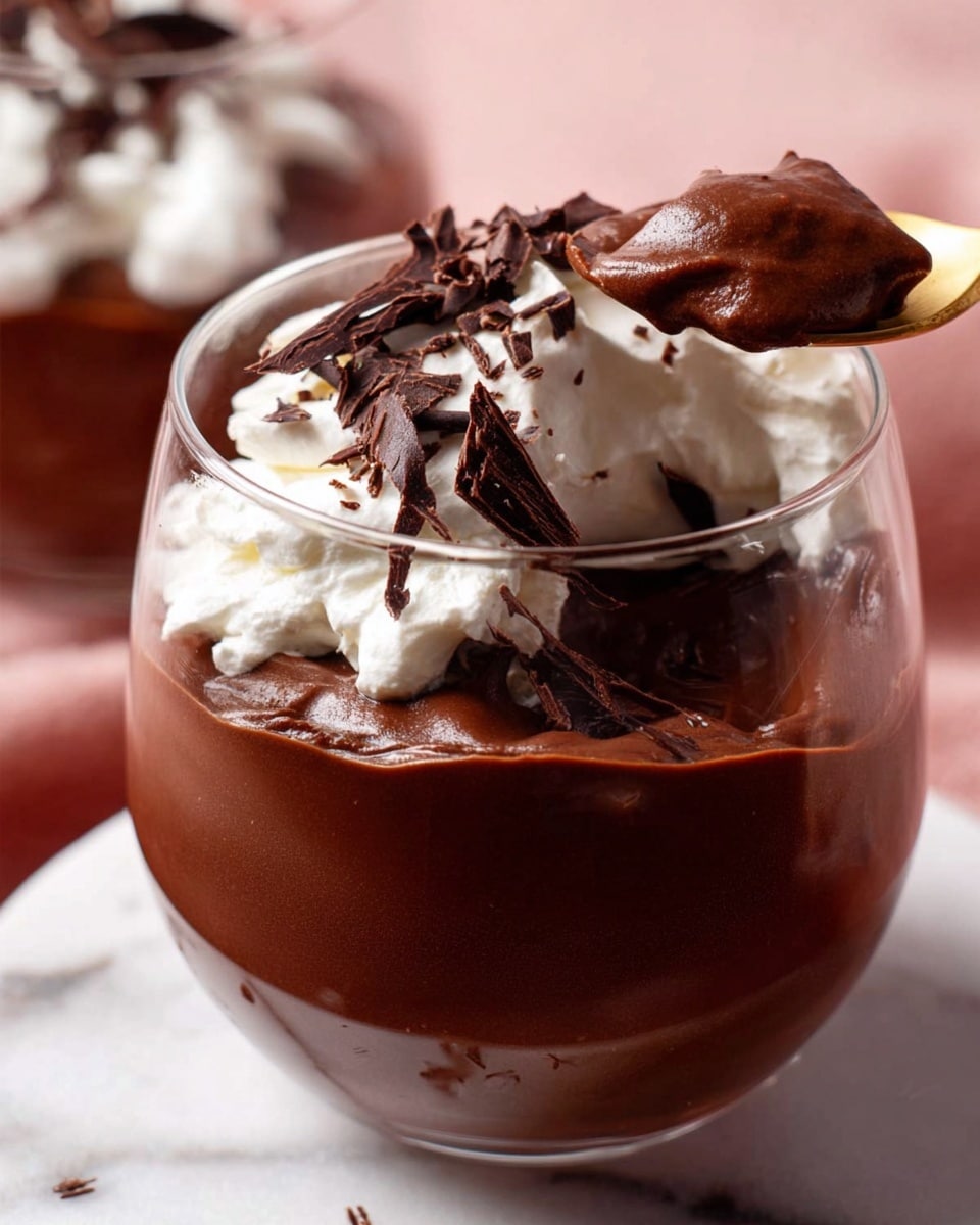 A clear round glass holds two layers: a thick, smooth dark brown chocolate pudding at the bottom and middle, topped with a fluffy, white whipped cream layer. Small pieces of dark chocolate shavings are scattered over the whipped cream, adding texture and contrast. A gold spoon dips into the chocolate layer near the edge of the glass, gently scooping some pudding. The background has a soft pink tone with another similar glass blurred in the back, and the scene is set on a white marbled surface. Photo taken with an iphone --ar 4:5 --v 7