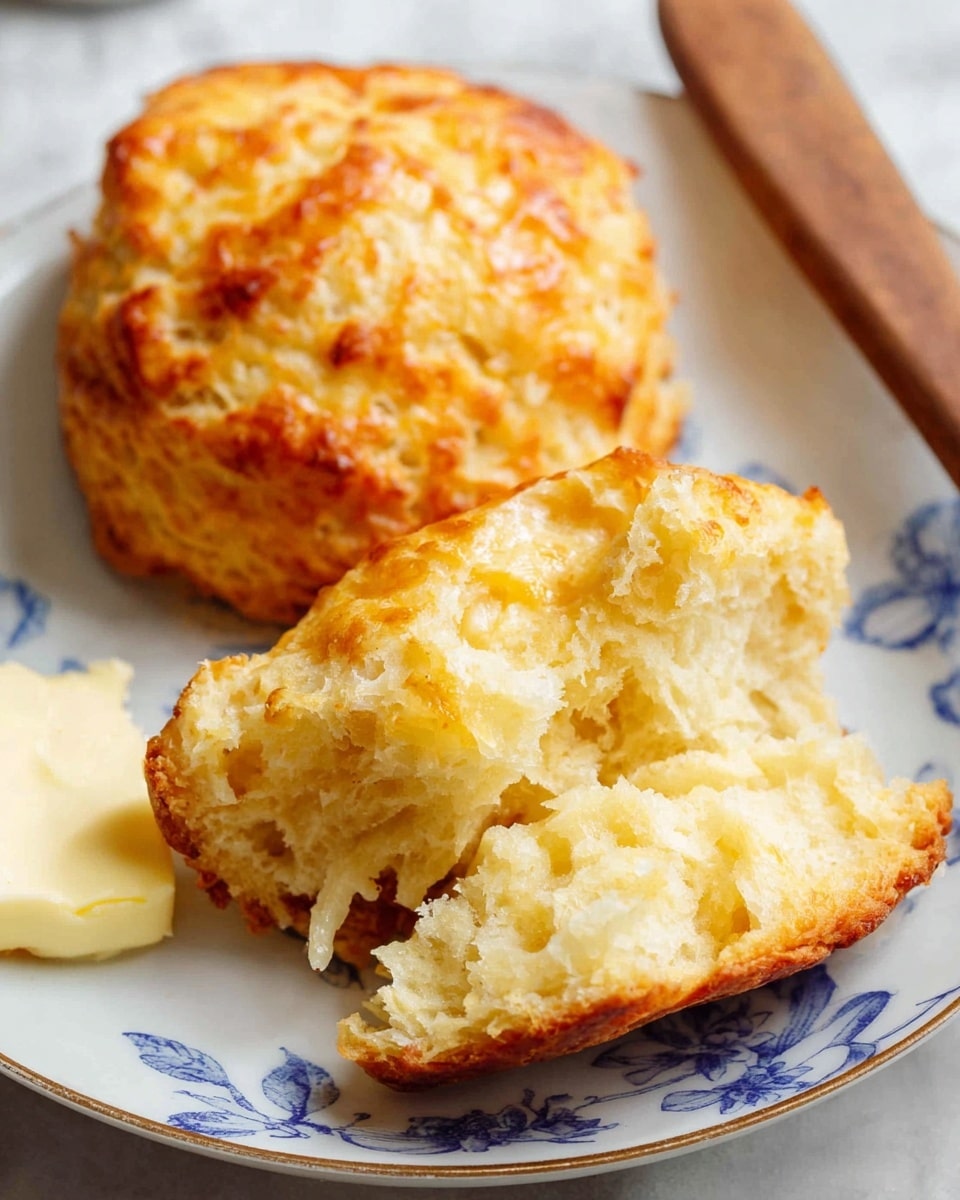 A white plate with blue floral patterns holds a biscuit split into two layers. The top layer is golden brown with a rough texture, while the bottom layer shows a soft, light beige inside spread with melted butter that looks shiny and smooth. Next to the biscuit, there is a silver butter knife with some butter on it, resting on the plate. The plate is set on a light brown cloth on a white marbled surface. A small white bowl filled with butter curls sits near the plate, and in the background, there is a blurred cup of coffee in a metallic mug. photo taken with an iphone --ar 4:5 --v 7